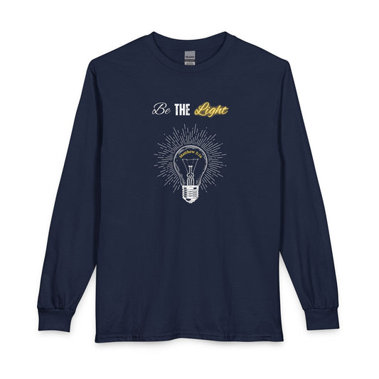Be The Light Long Sleeve Tee – Inspirational Lightbulb Graphic