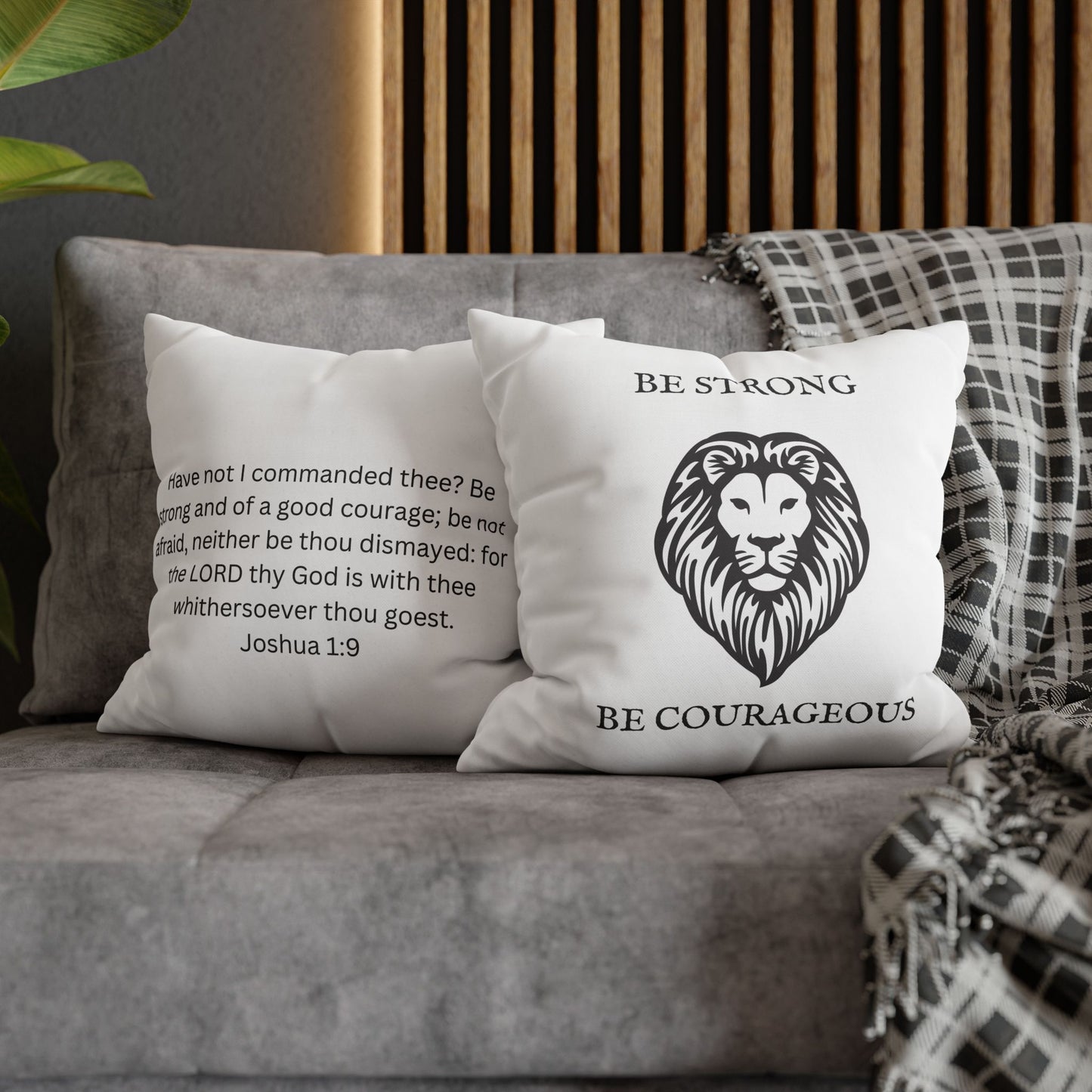 Lion Motivational Pillowcase - "Be Strong Be Courageous" Square Decorative Cushion Cover