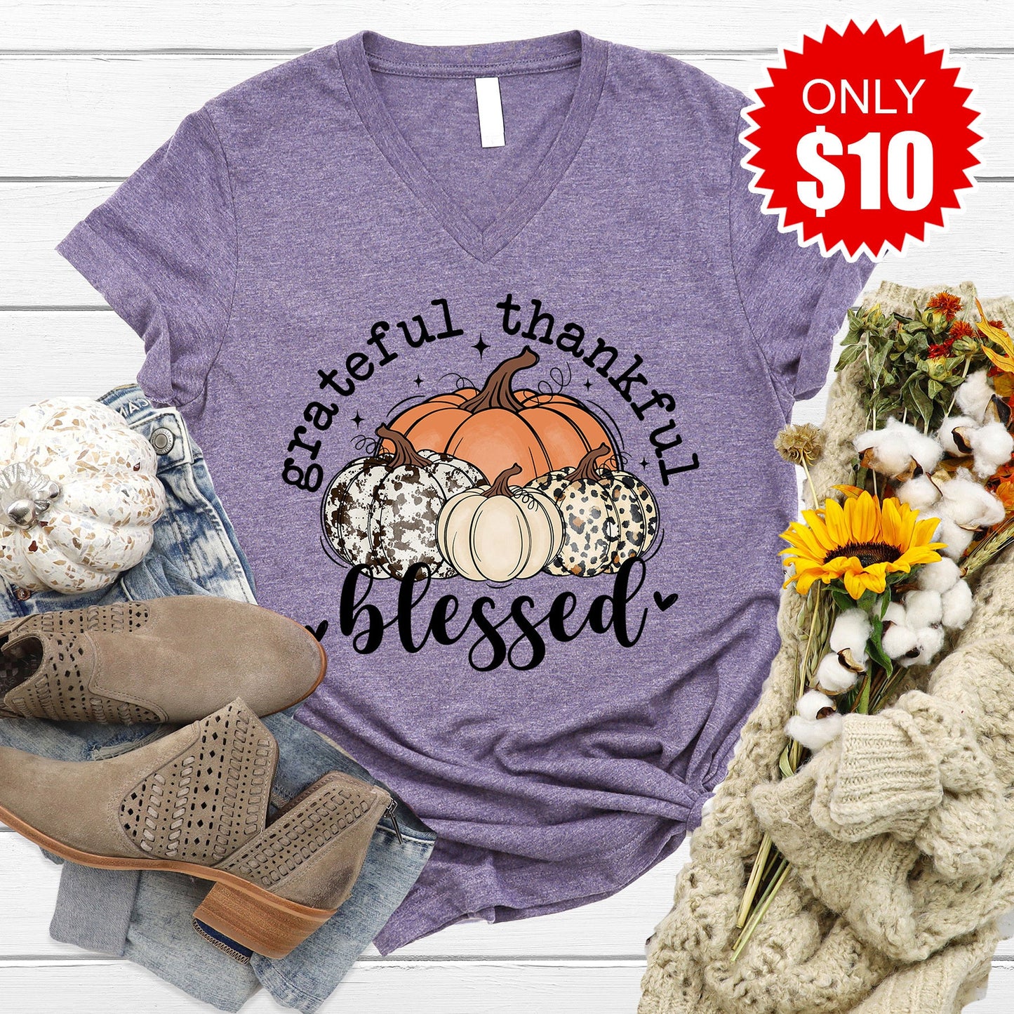 Grateful Thankful Blessed V-Neck - 10