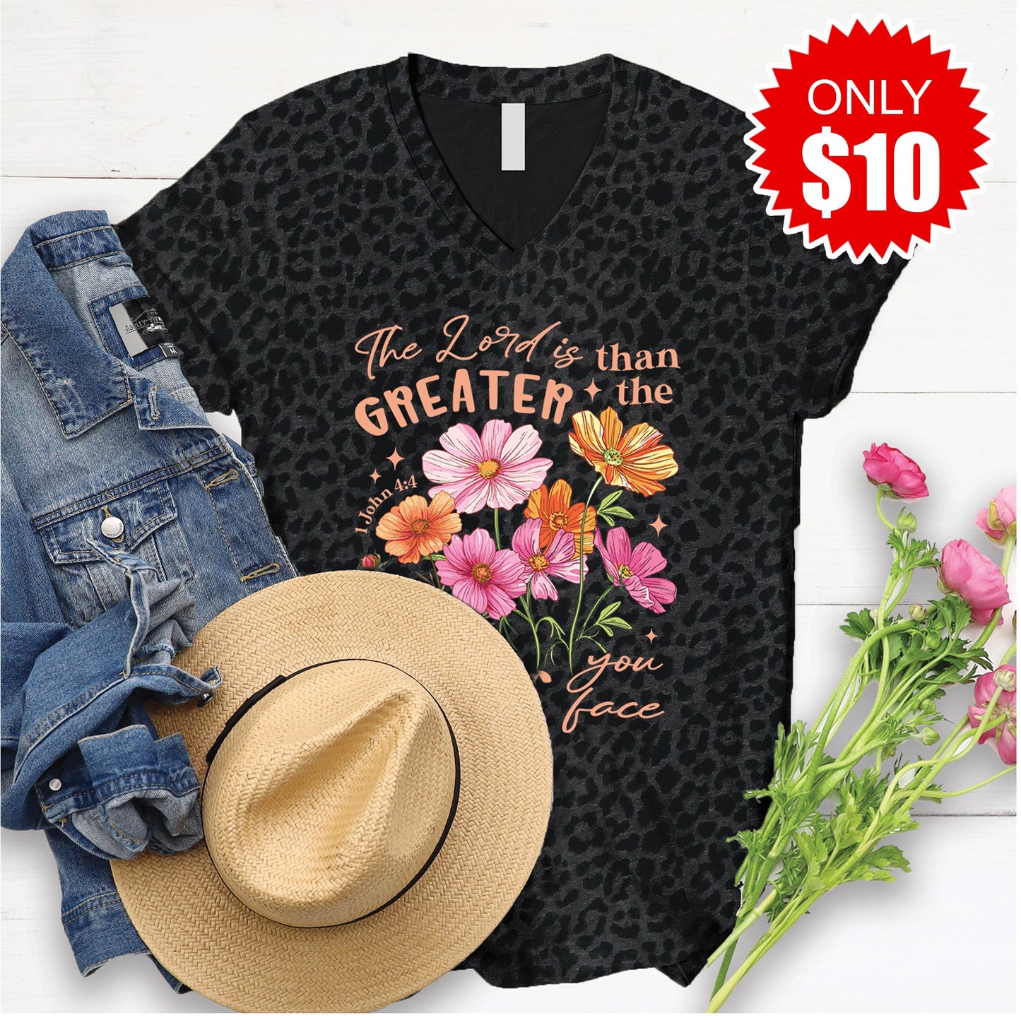 Greater Than The Giants V-Neck - Black Leopard - 10