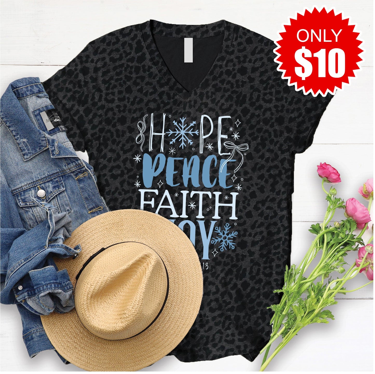 Hope Peace Faith Joy V-Neck - Black Leopard - 10