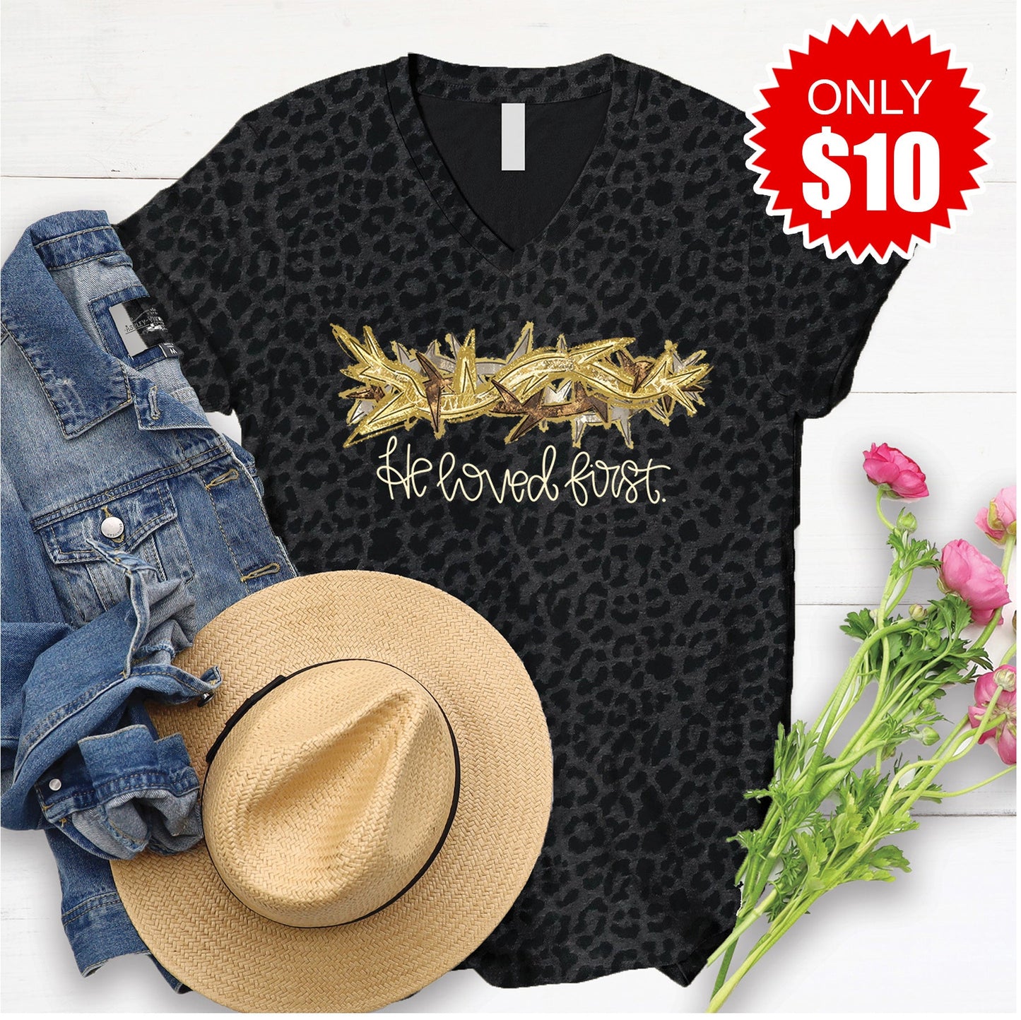 He Loved First V-Neck - Black Leopard - 10