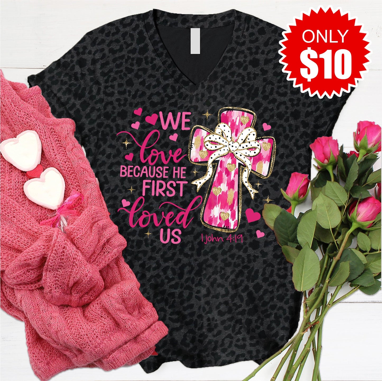He First Loved Us V-Neck - Black Leopard - 10