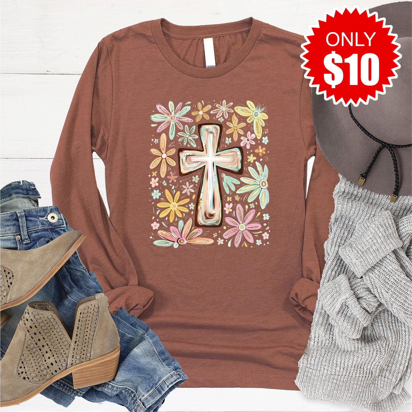 Cross Long Sleeve - Heather Chestnut - 10