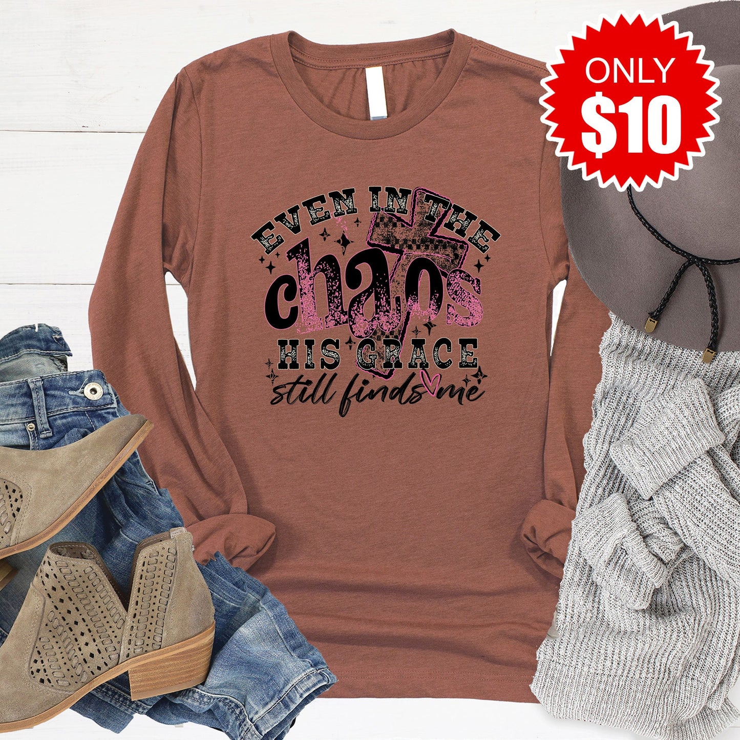 His Grace Still Finds Me Long Sleeve - Heather Chestnut - 10