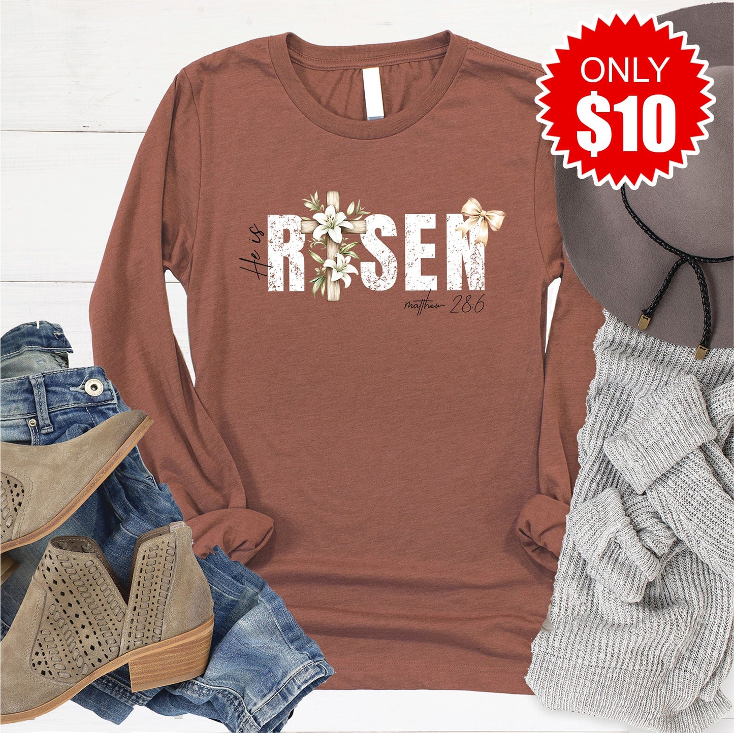 He Is Risen Long Sleeve - Heather Chestnut - 10