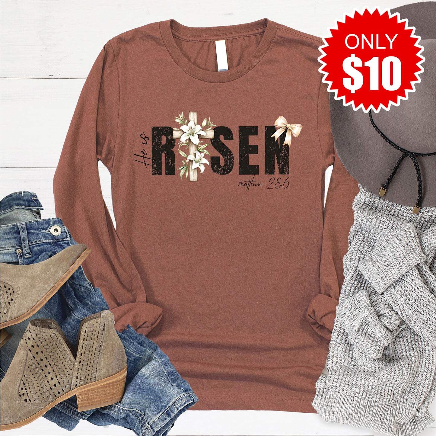 He Is Risen Long Sleeve - Heather Chestnut - 10