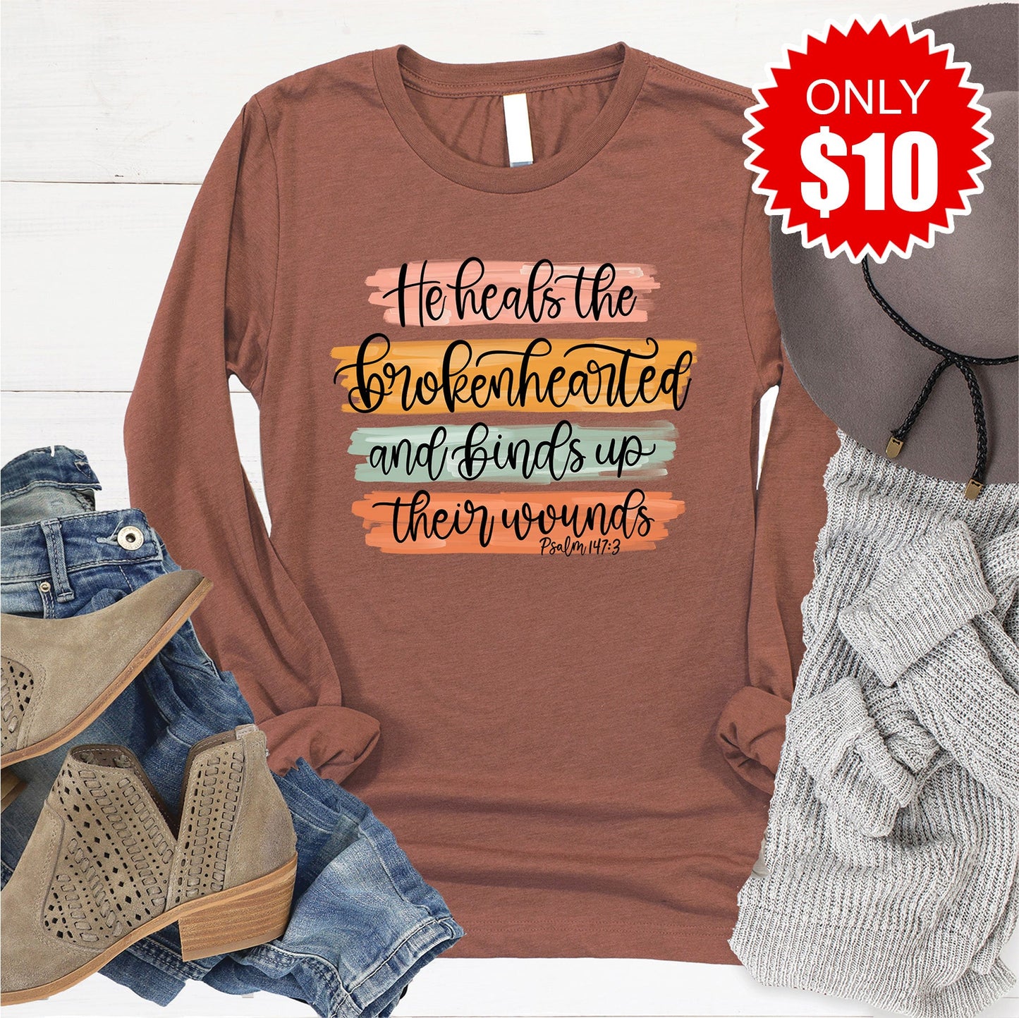 He Heals The Brokenhearted Long Sleeve - Heather Chestnut - 10