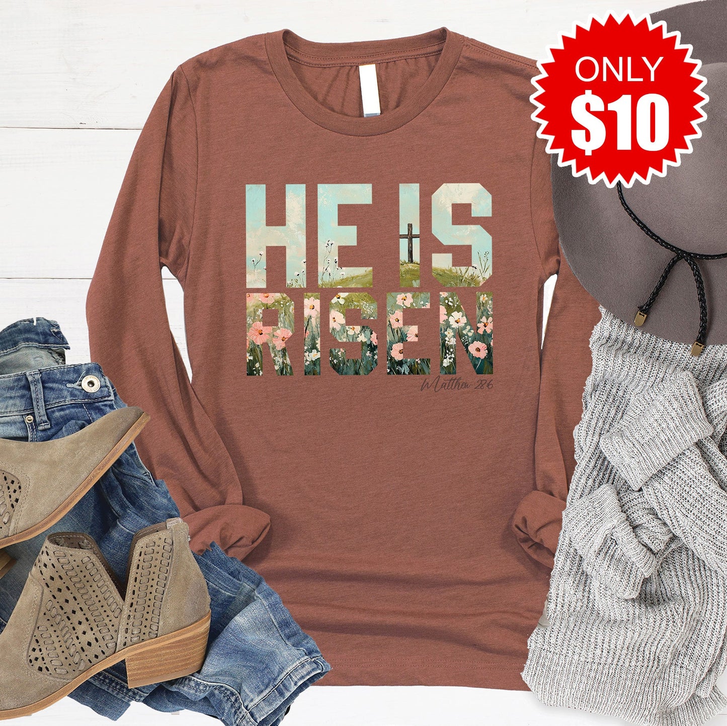 He Is Risen Long Sleeve - Heather Chestnut - 10