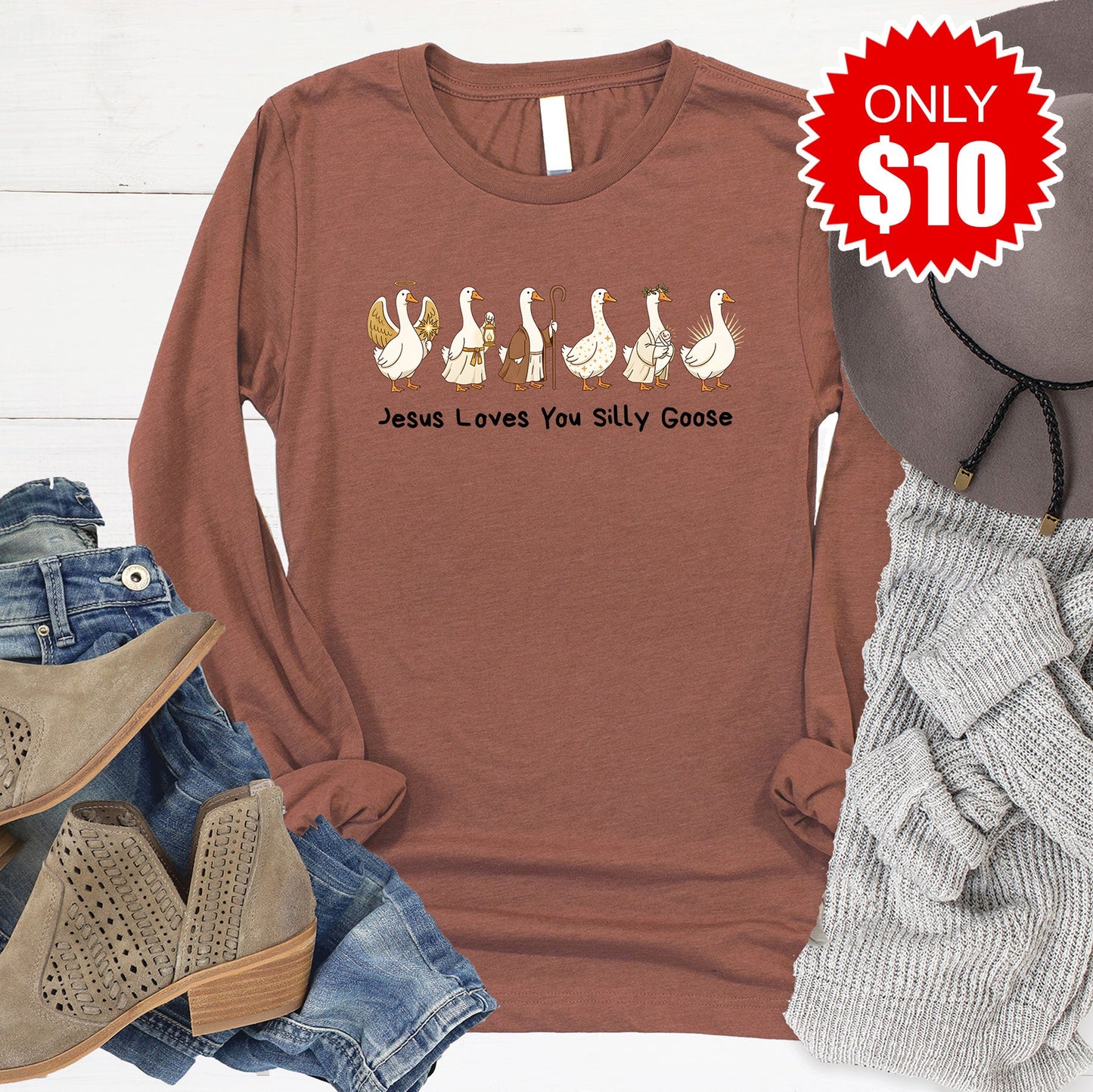 Jesus Loves You Silly Goose Long Sleeve - Heather Chestnut - 10