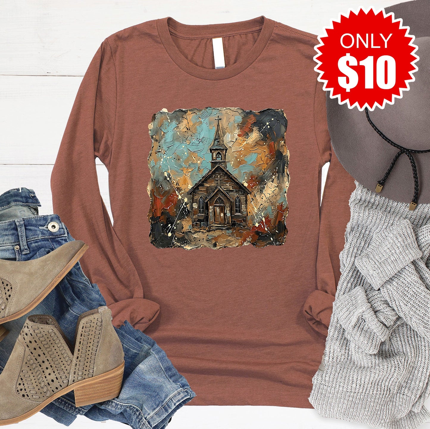 Church Long Sleeve - Heather Chestnut - 10