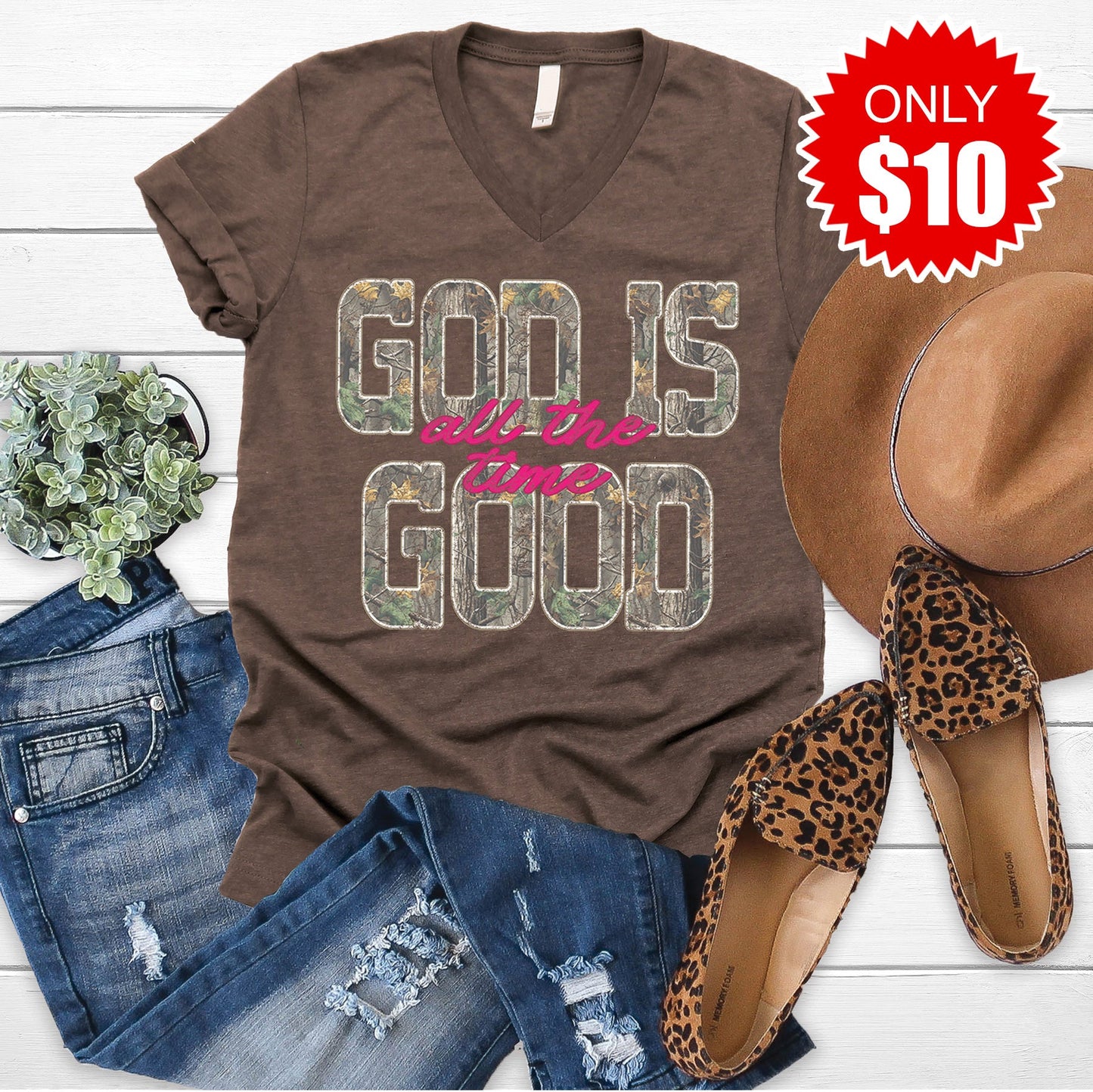 God Is Good V-Neck - Heather Brown - 10