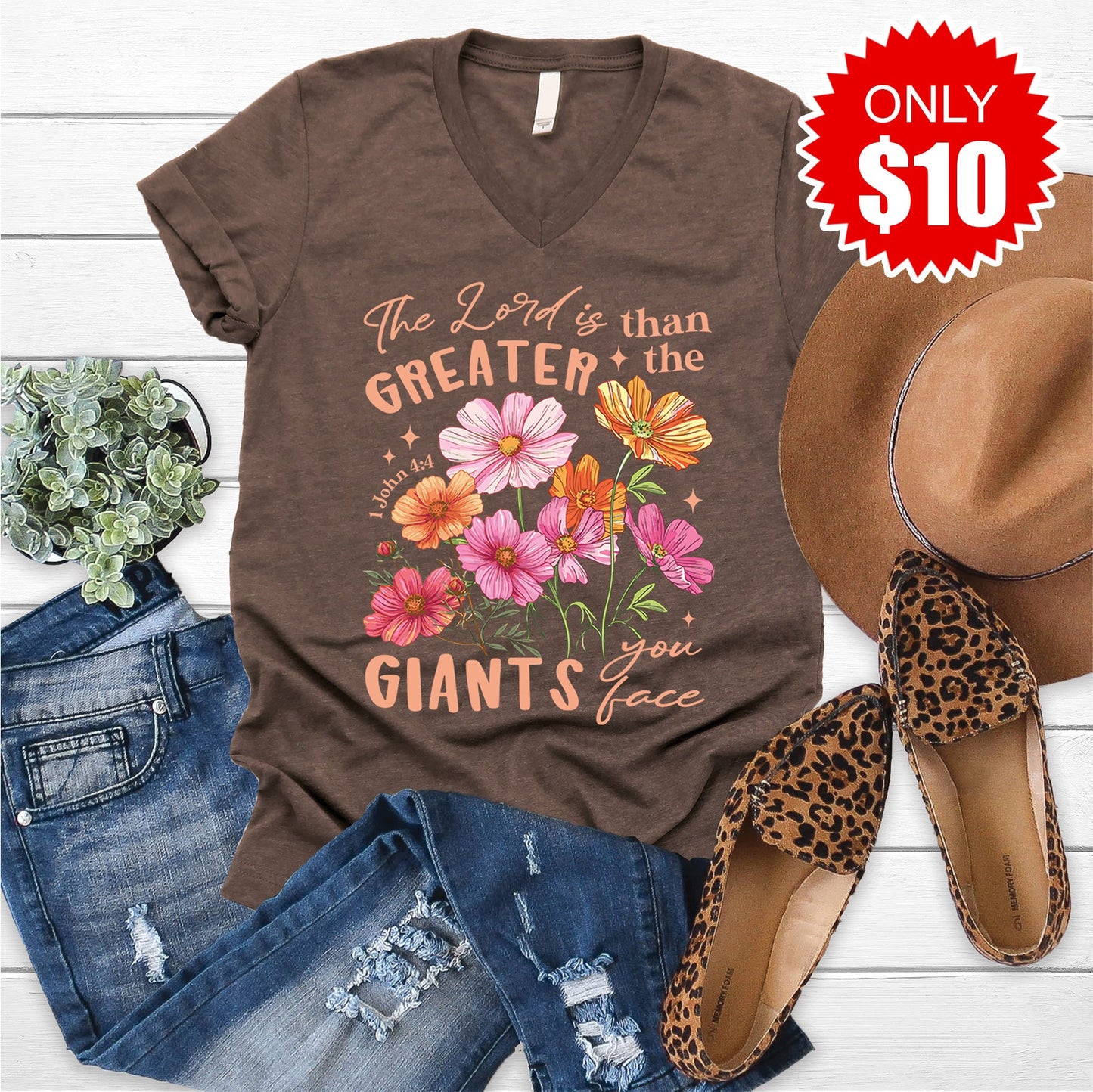 Greater Than The Giants V-Neck - Heather Brown - 10