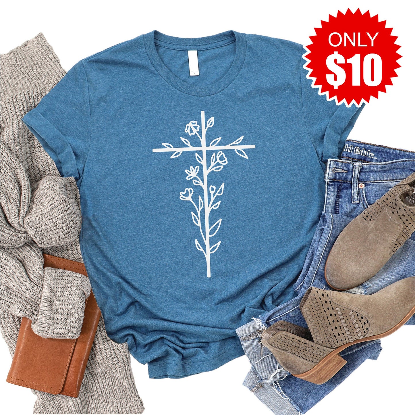 Floral Cross Tee - Heather Deep Teal - 10