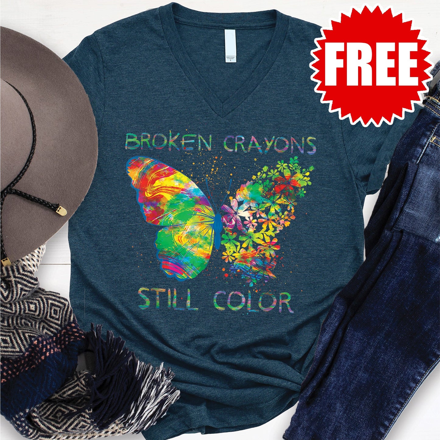 Broken Crayons V-Neck - Heather Atlantic - 0