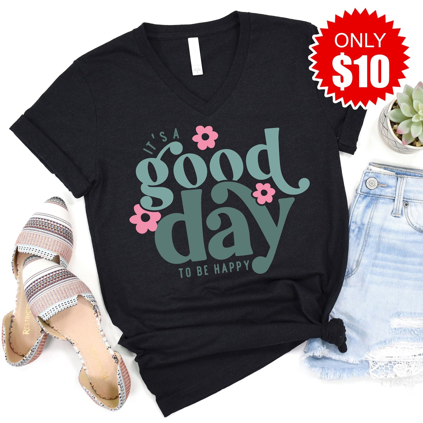Good Day To Be Happy V-Neck - Heather Black - 10