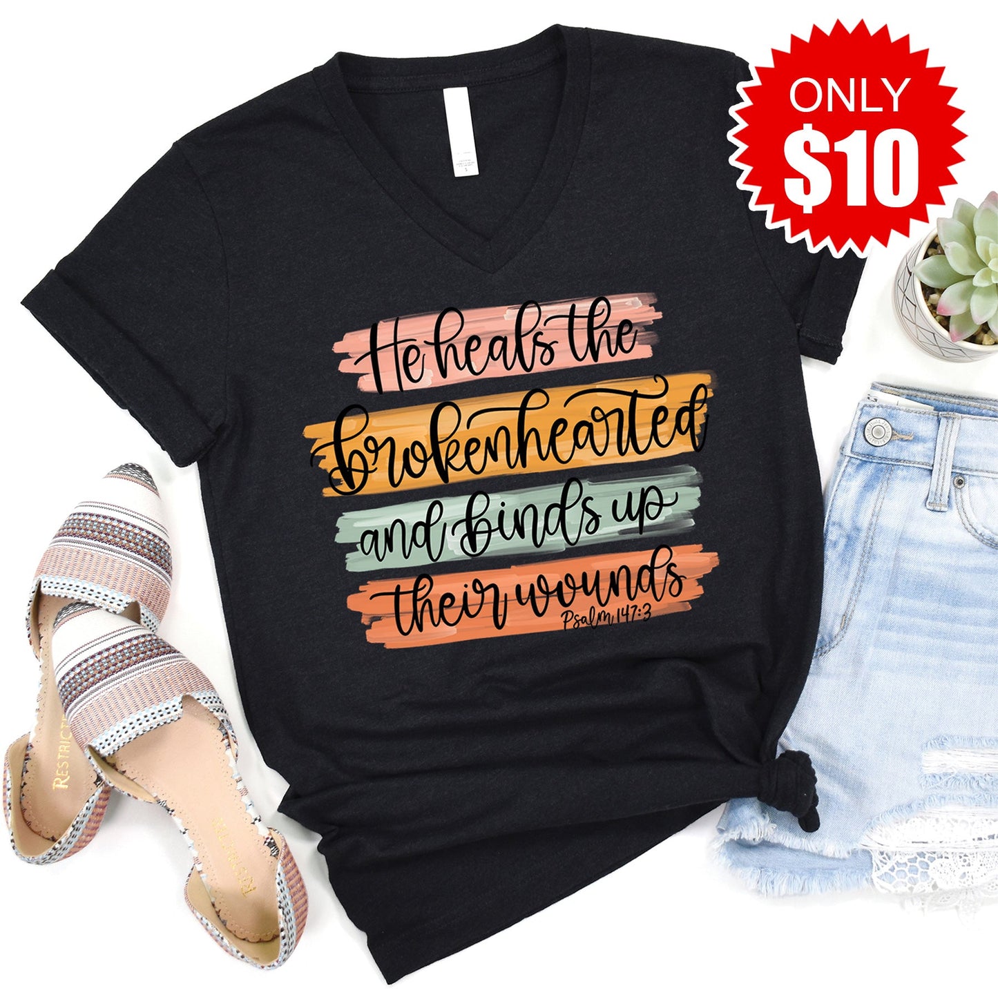 He Heals The Brokenhearted V-Neck - Heather Black - 10