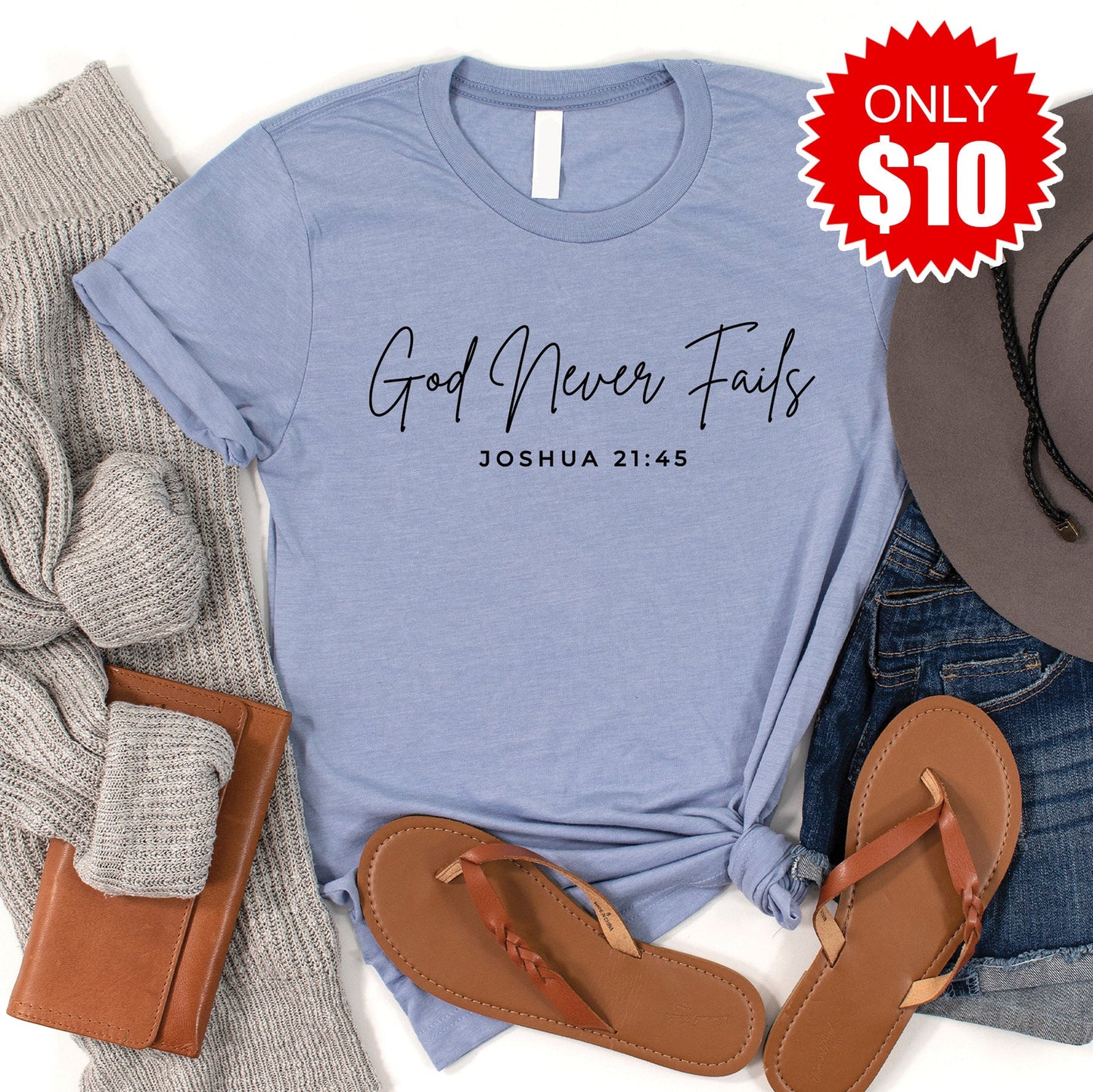 God Never Fails Tee - Heather Blue - 10