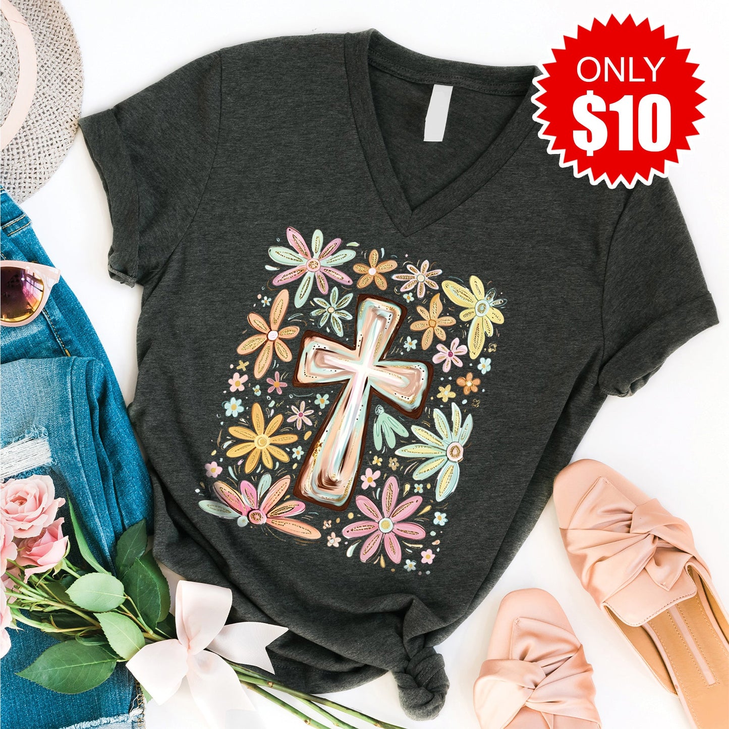 Cross V-Neck - Heather Charcoal - 10