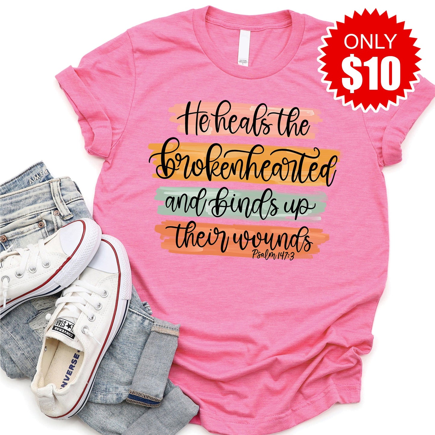 He Heals The Brokenhearted Tee - Heather Charity Pink - 10
