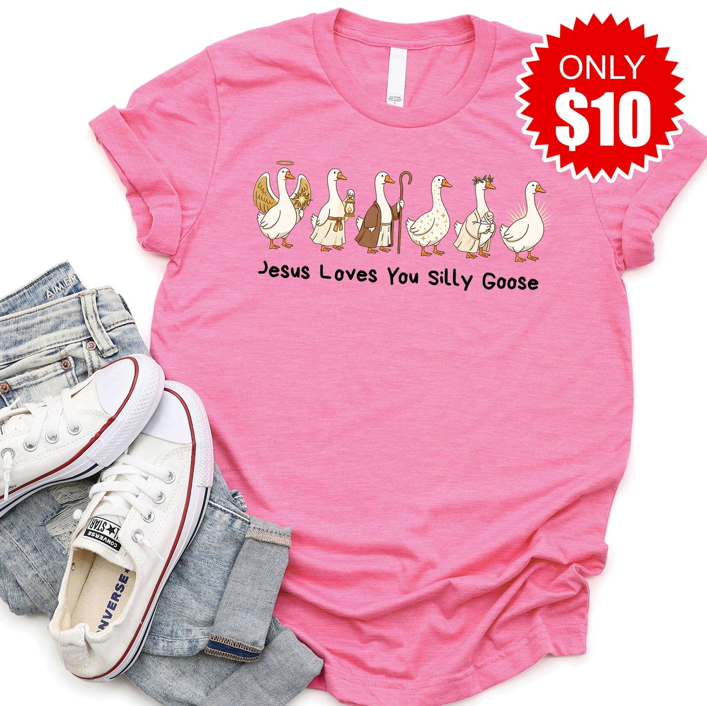 Jesus Loves You Silly Goose Tee - Heather Charity Pink - 10