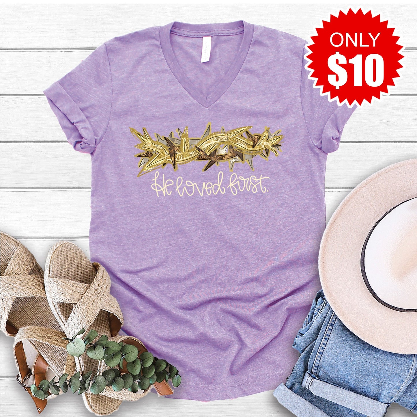 He Loved First V-Neck - Heather Dark Lavender - 10