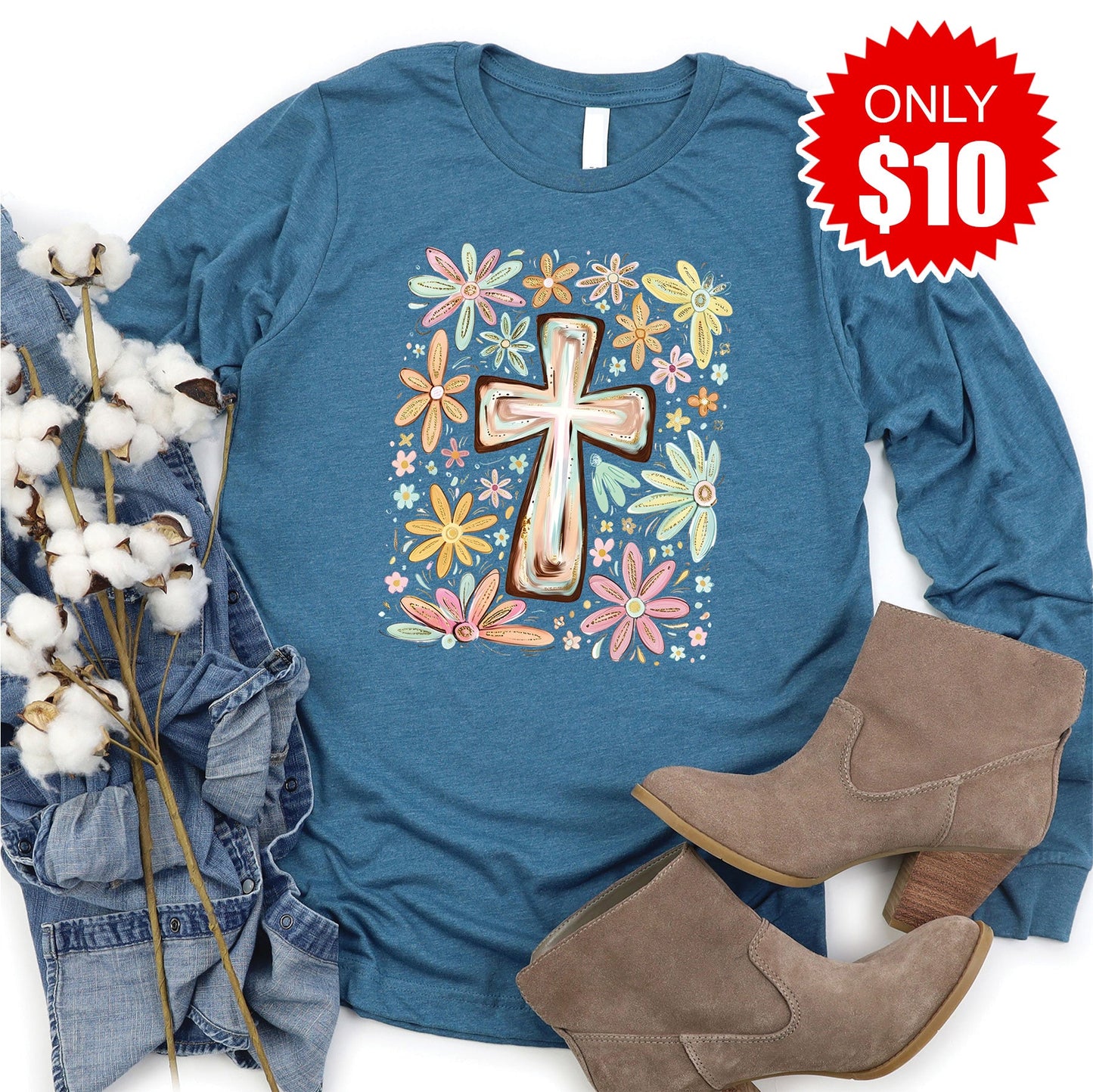 Cross Long Sleeve - Heather Deep Teal - 10