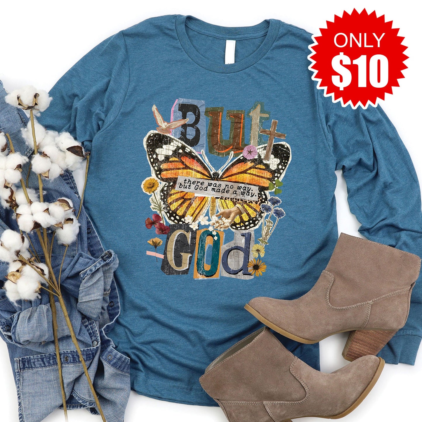 But God Long Sleeve - Heather Deep Teal - 10