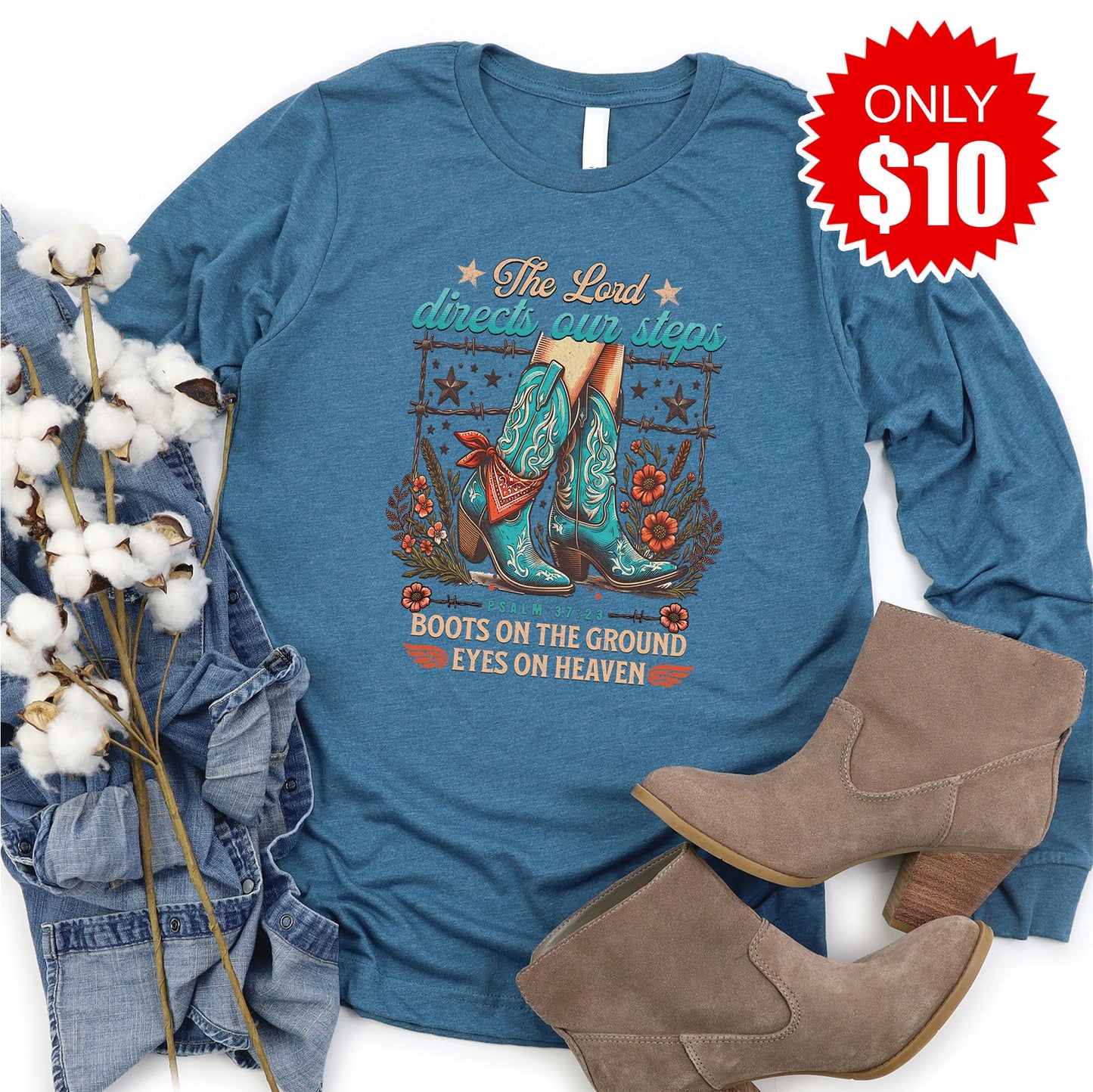 Boots On The Ground Long Sleeve - Heather Deep Teal - 10