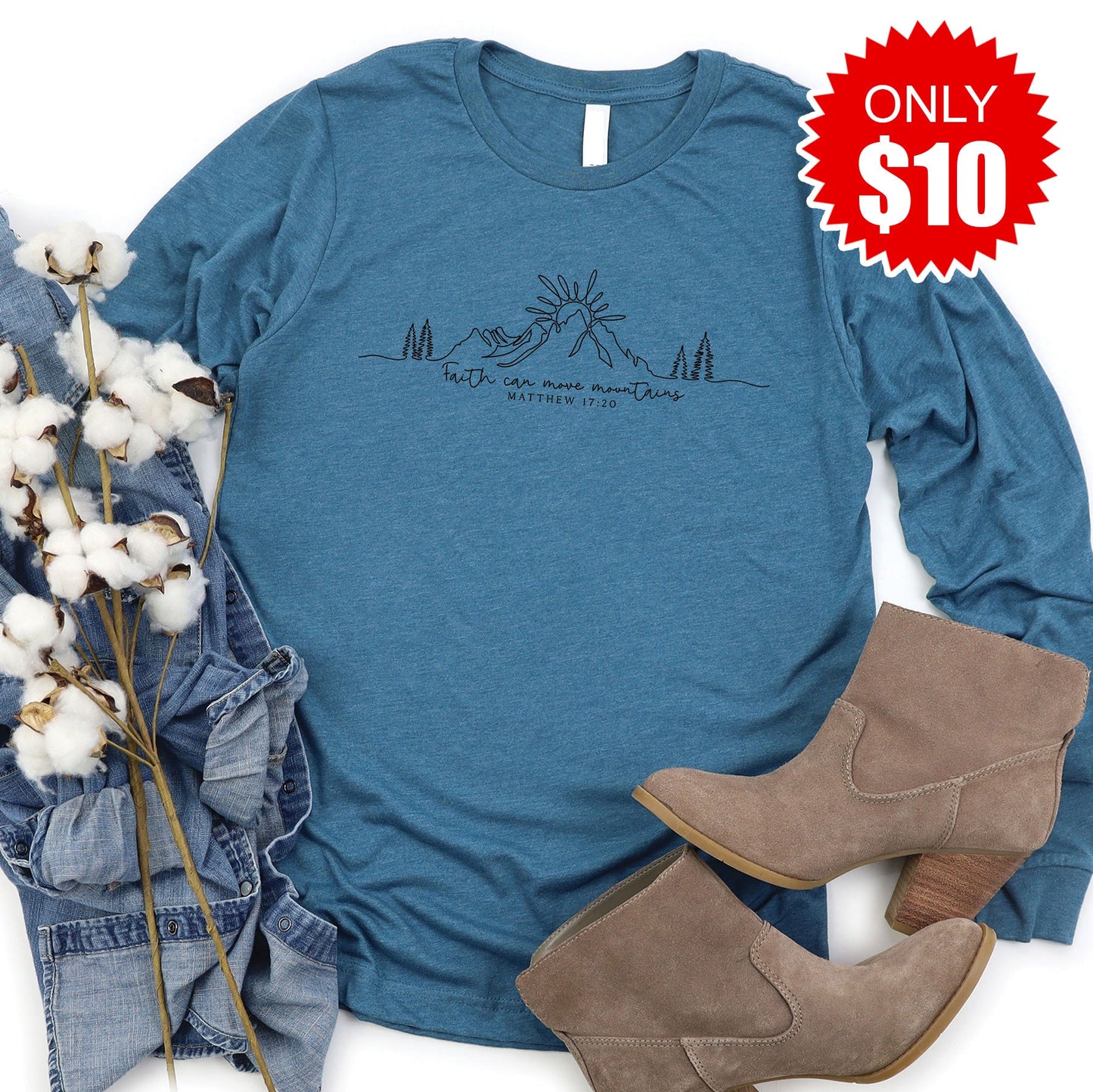 Faith Can Move Mountains Long Sleeve - Heather Deep Teal - 10