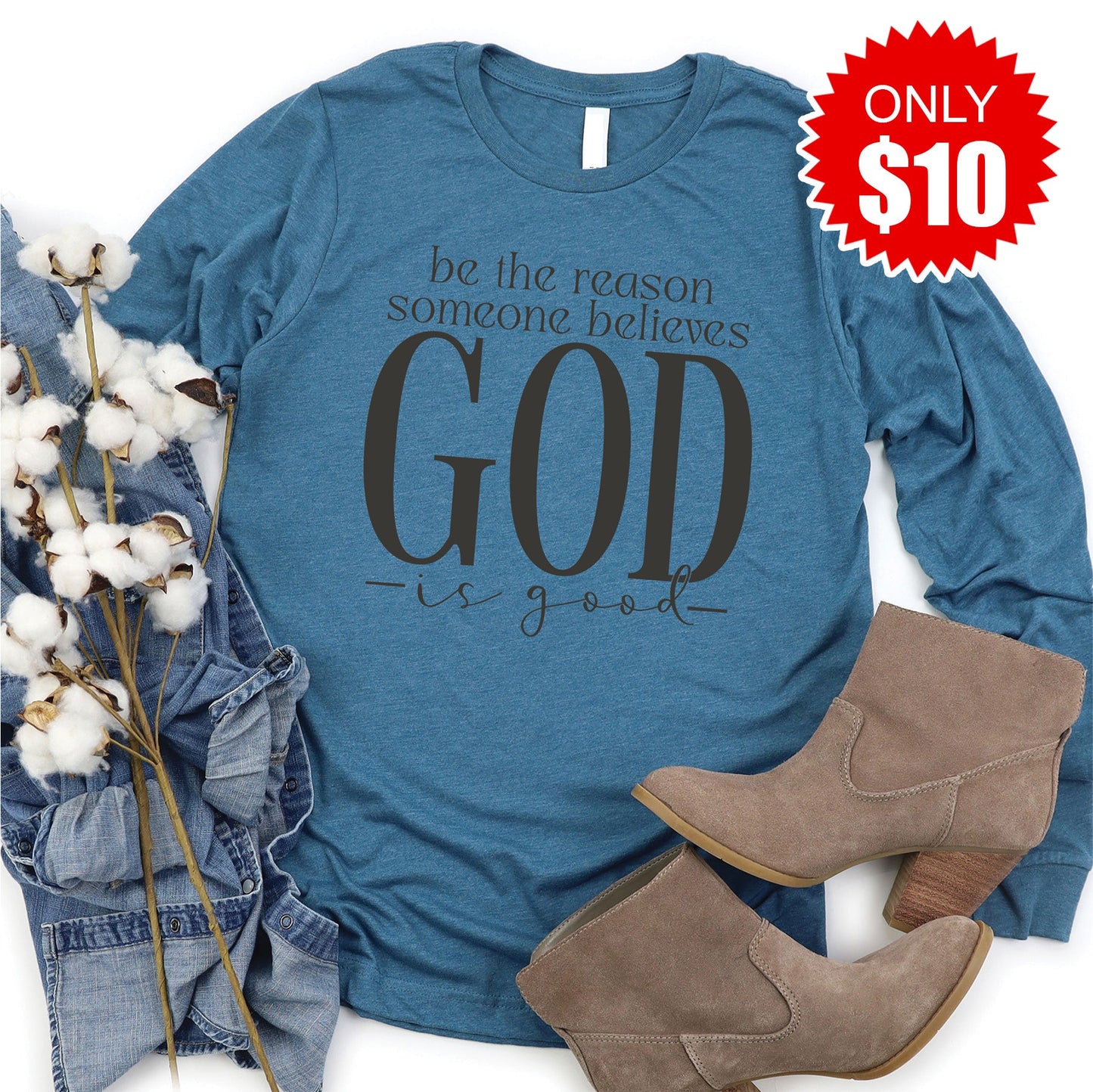 God Is Good Long Sleeve - Heather Deep Teal - 10