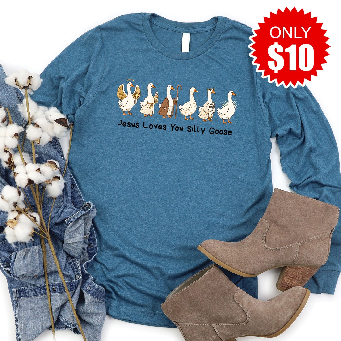 Jesus Loves You Silly Goose Long Sleeve - Heather Deep Teal - 10