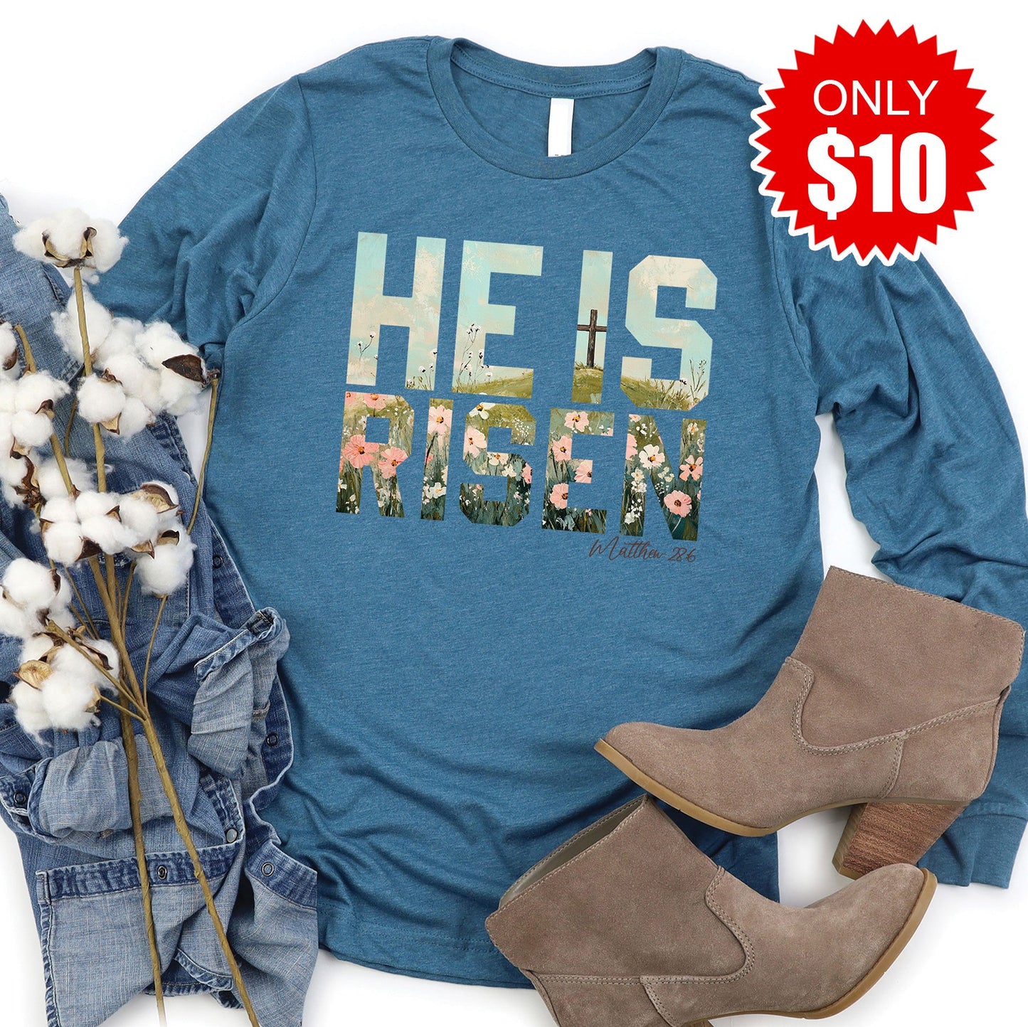 He Is Risen Long Sleeve - Heather Deep Teal - 10