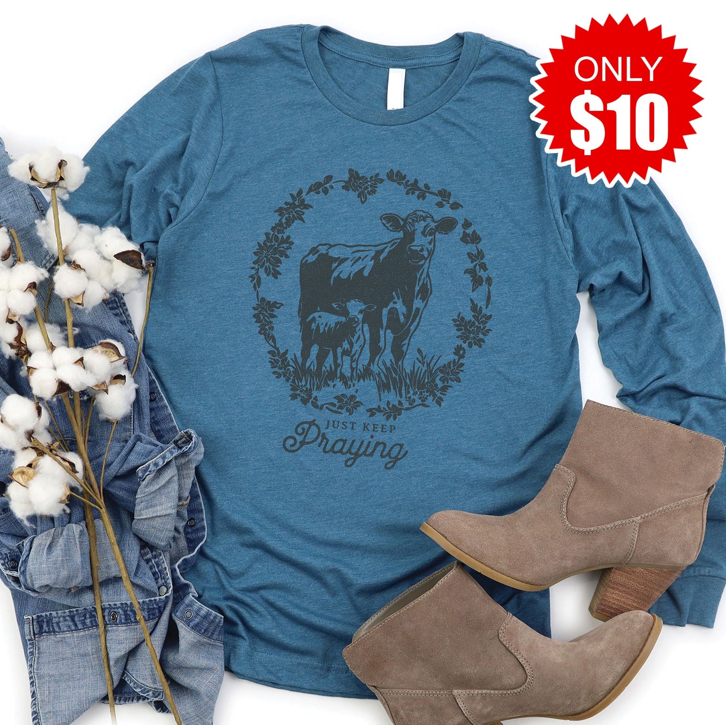 Just Keep Praying Long Sleeve - Heather Deep Teal - 10