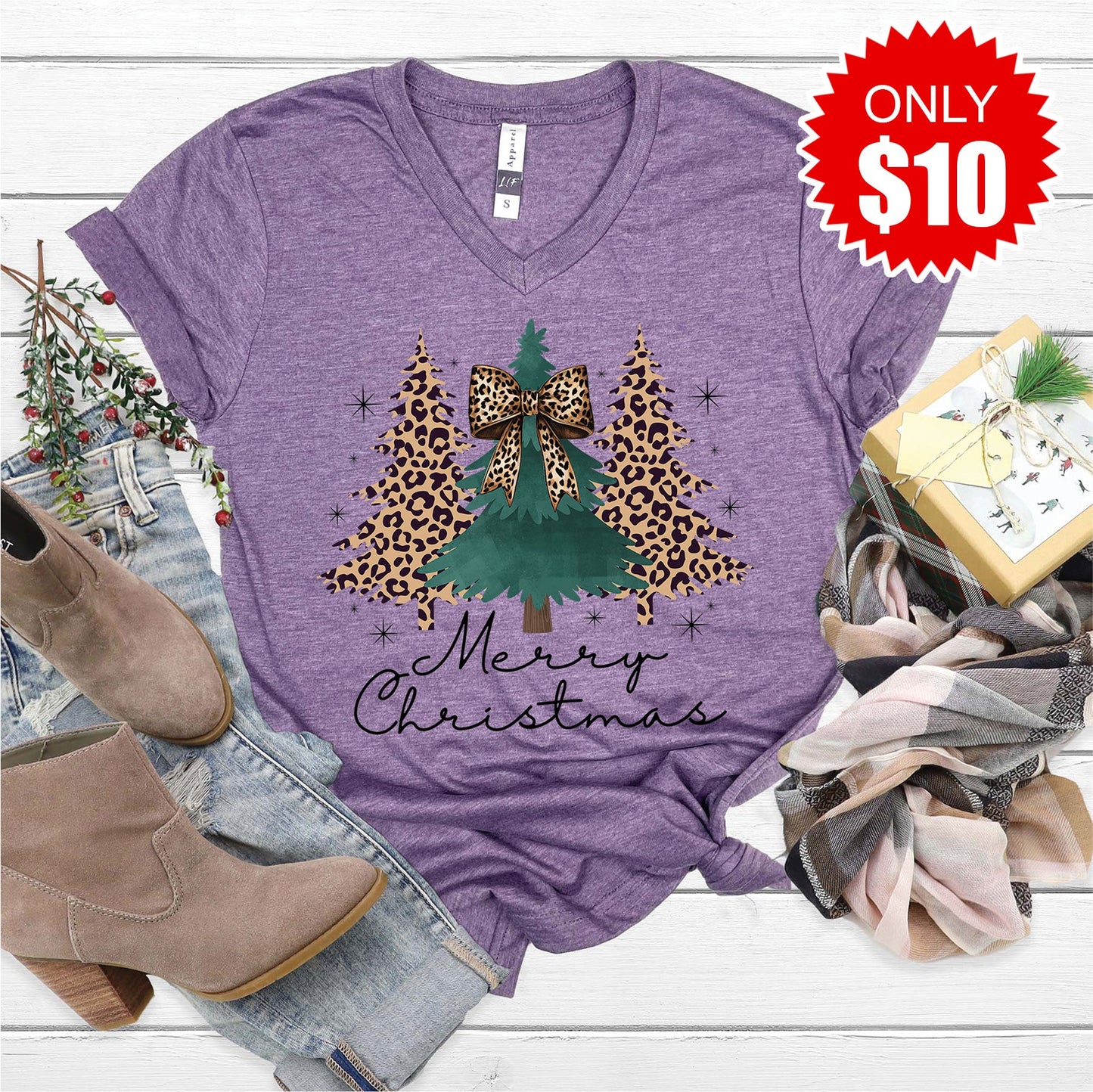 Christmas Tree Leopard V-Neck - 10