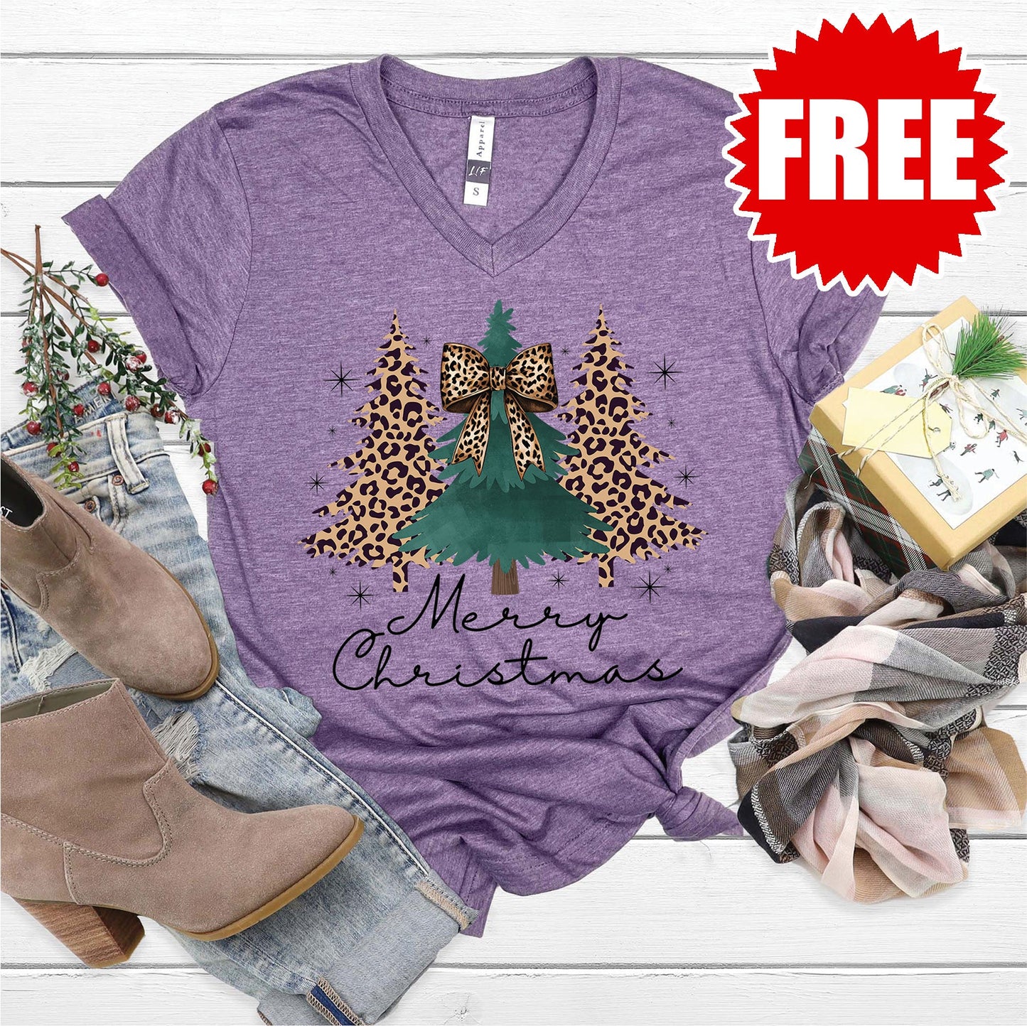 Christmas Tree Leopard V-Neck - Heather Deep Purple - 0