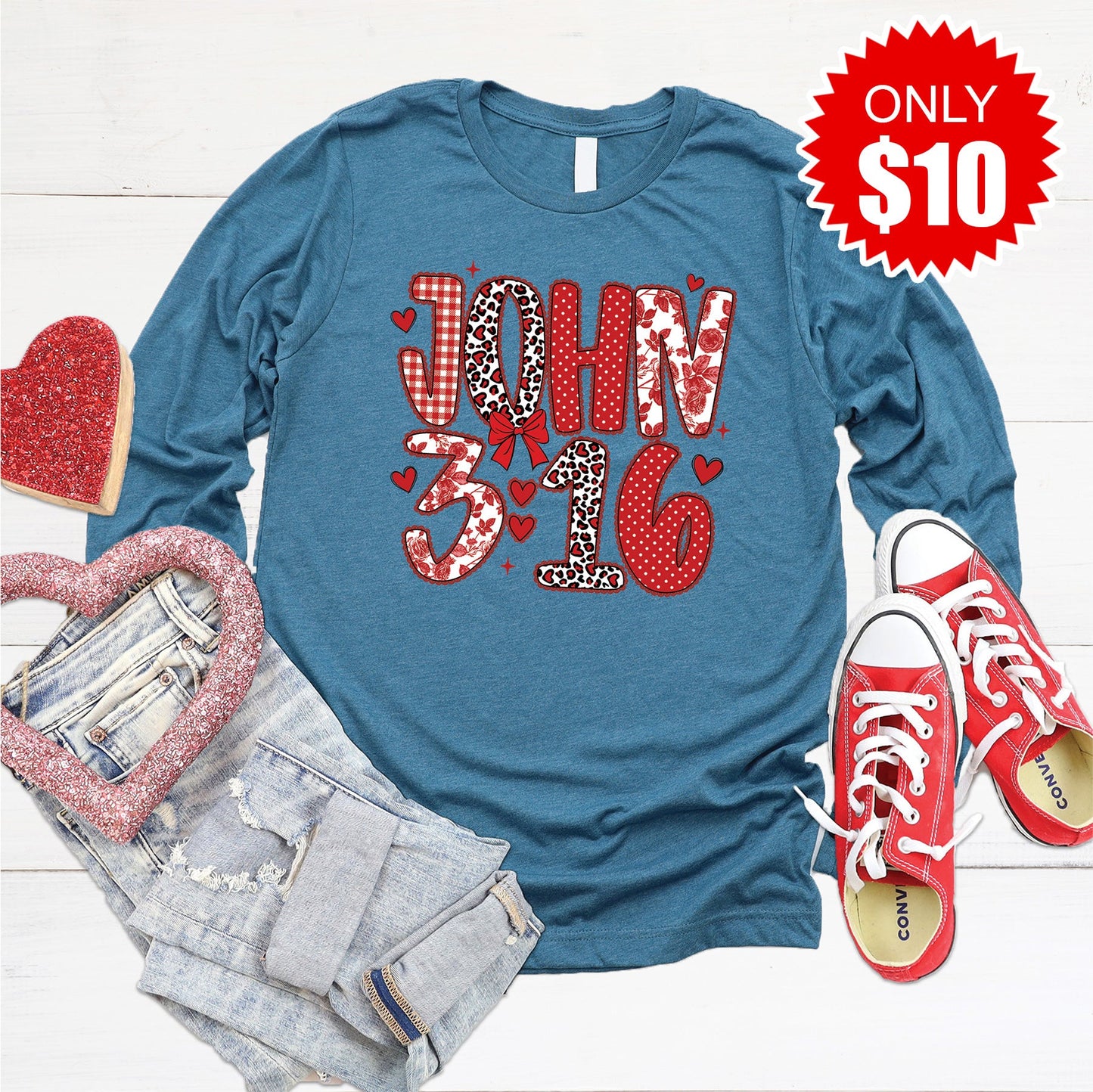 John 3:16 Long Sleeve - Heather Deep Teal - 10