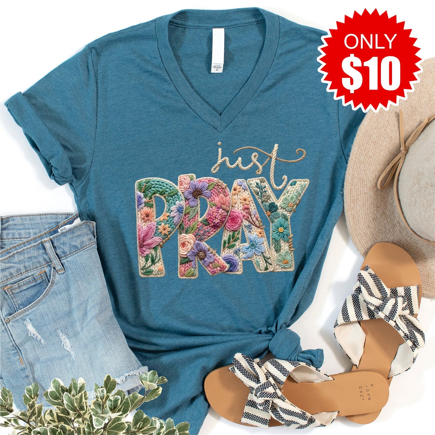 Just Pray Crochet V-Neck - Heather Deep Teal - 10