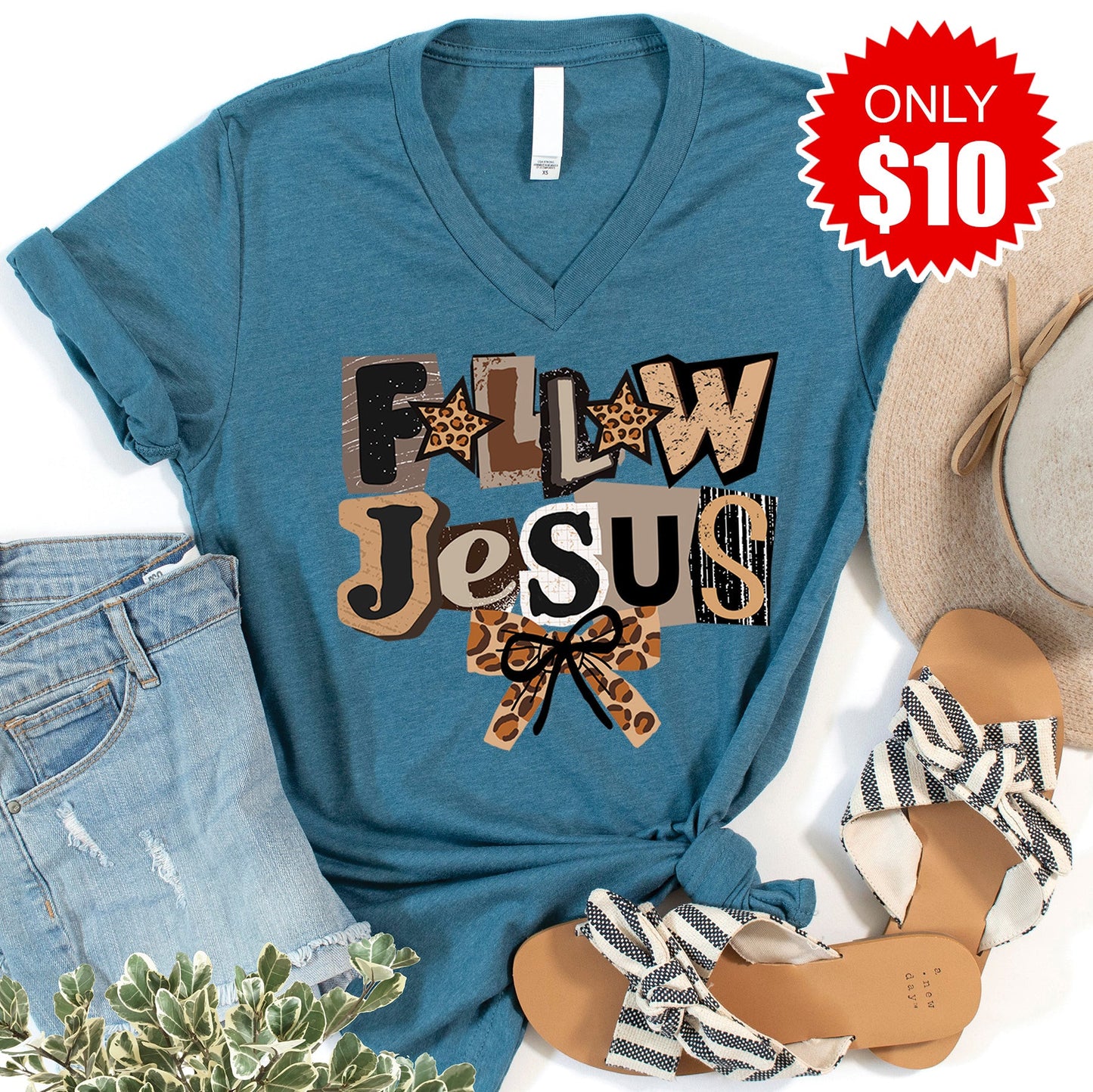 Follow Jesus V-Neck - Heather Deep Teal - 10