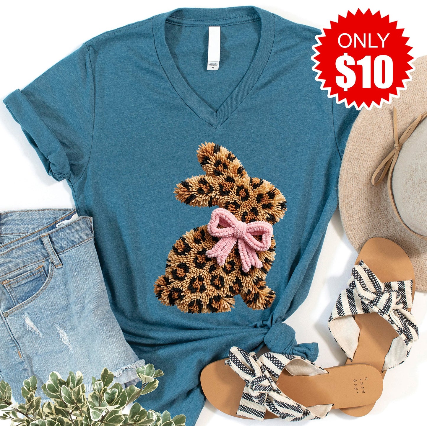 Leopard Bunny V-Neck - Heather Deep Teal - 10