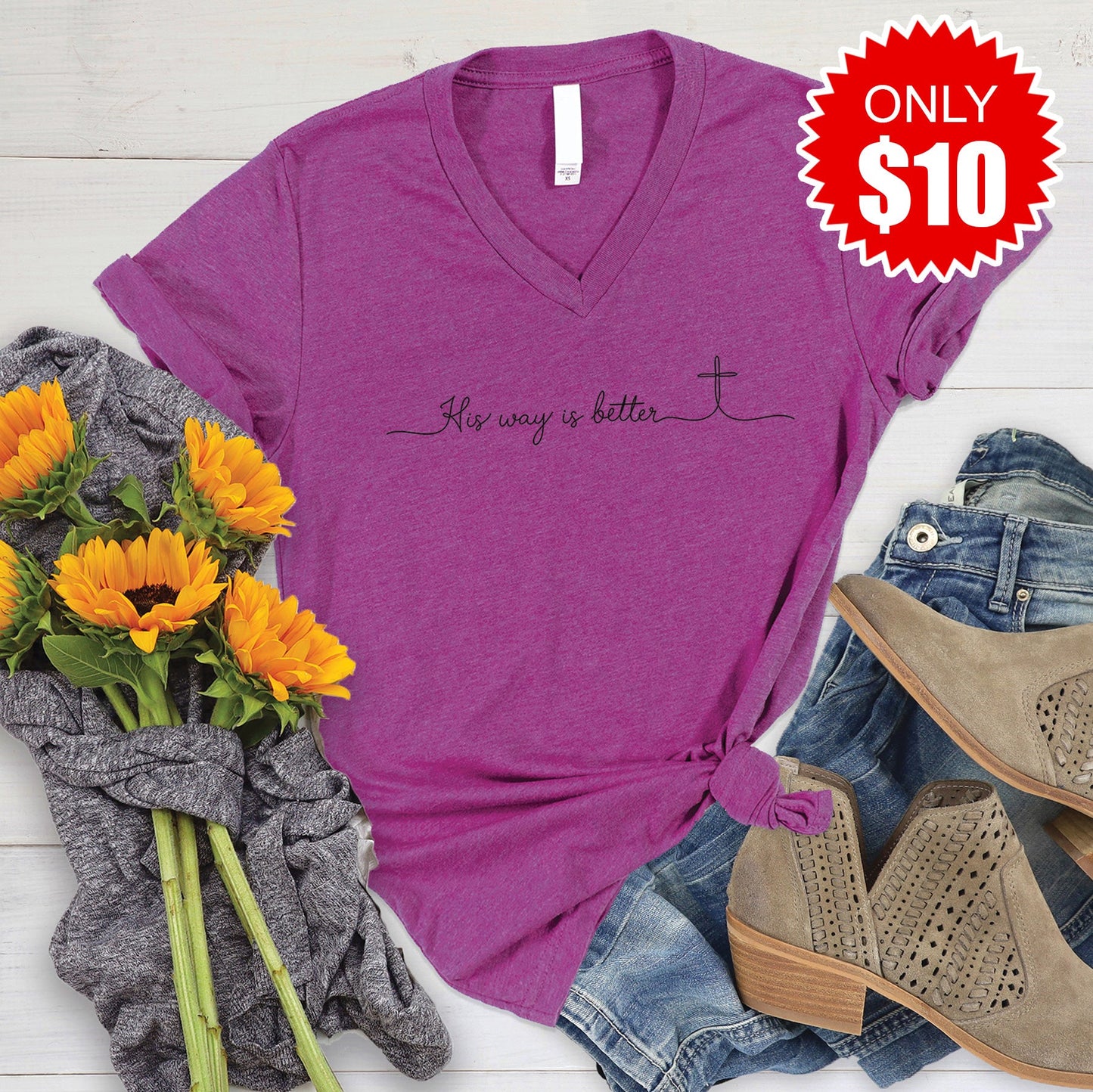 His Way Is Better V-Neck - Heather Dragonfruit - 10
