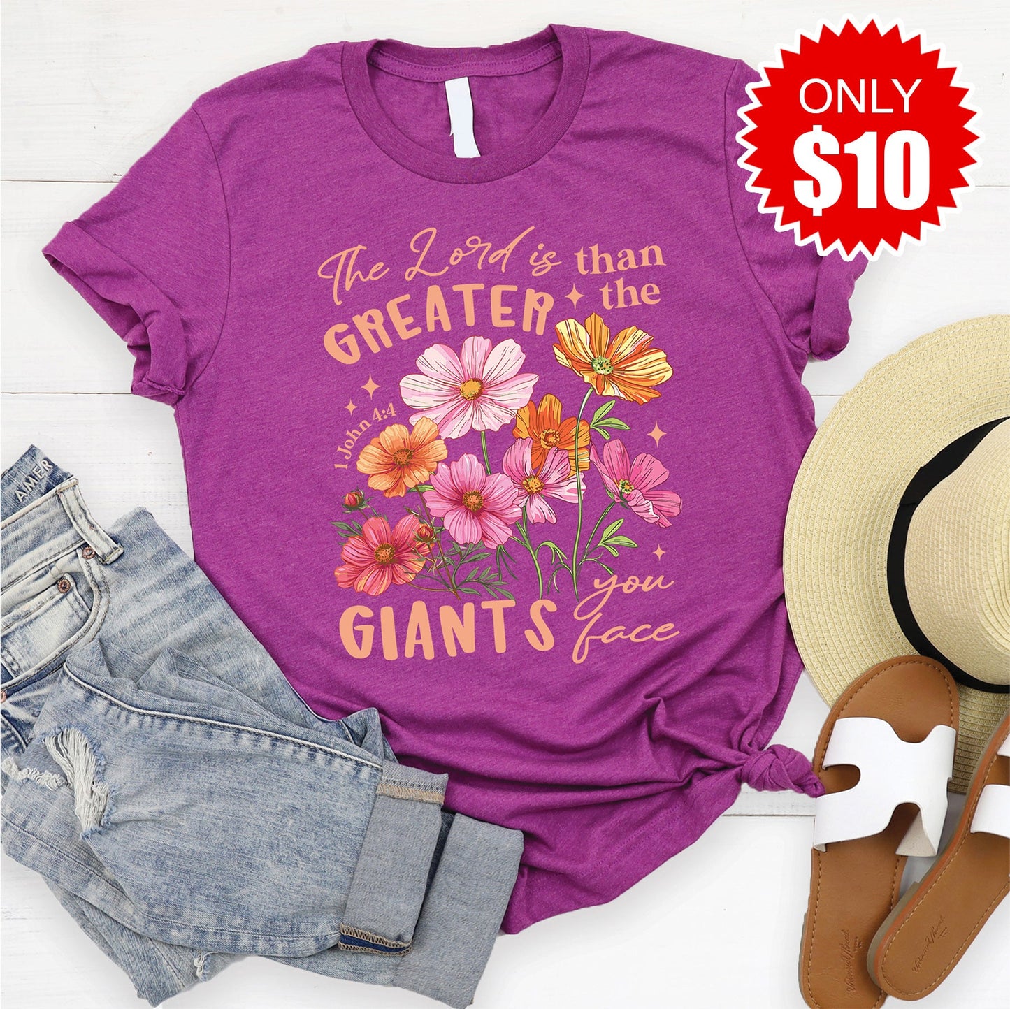 Greater Than The Giants Tee - Heather Dragonfruit - 10