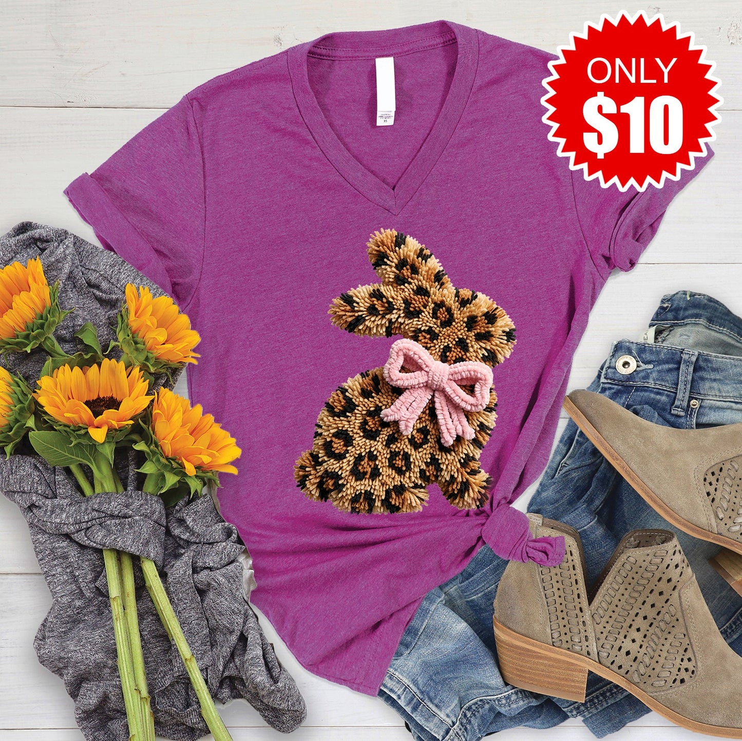 Leopard Bunny V-Neck - Heather Dragonfruit - 10