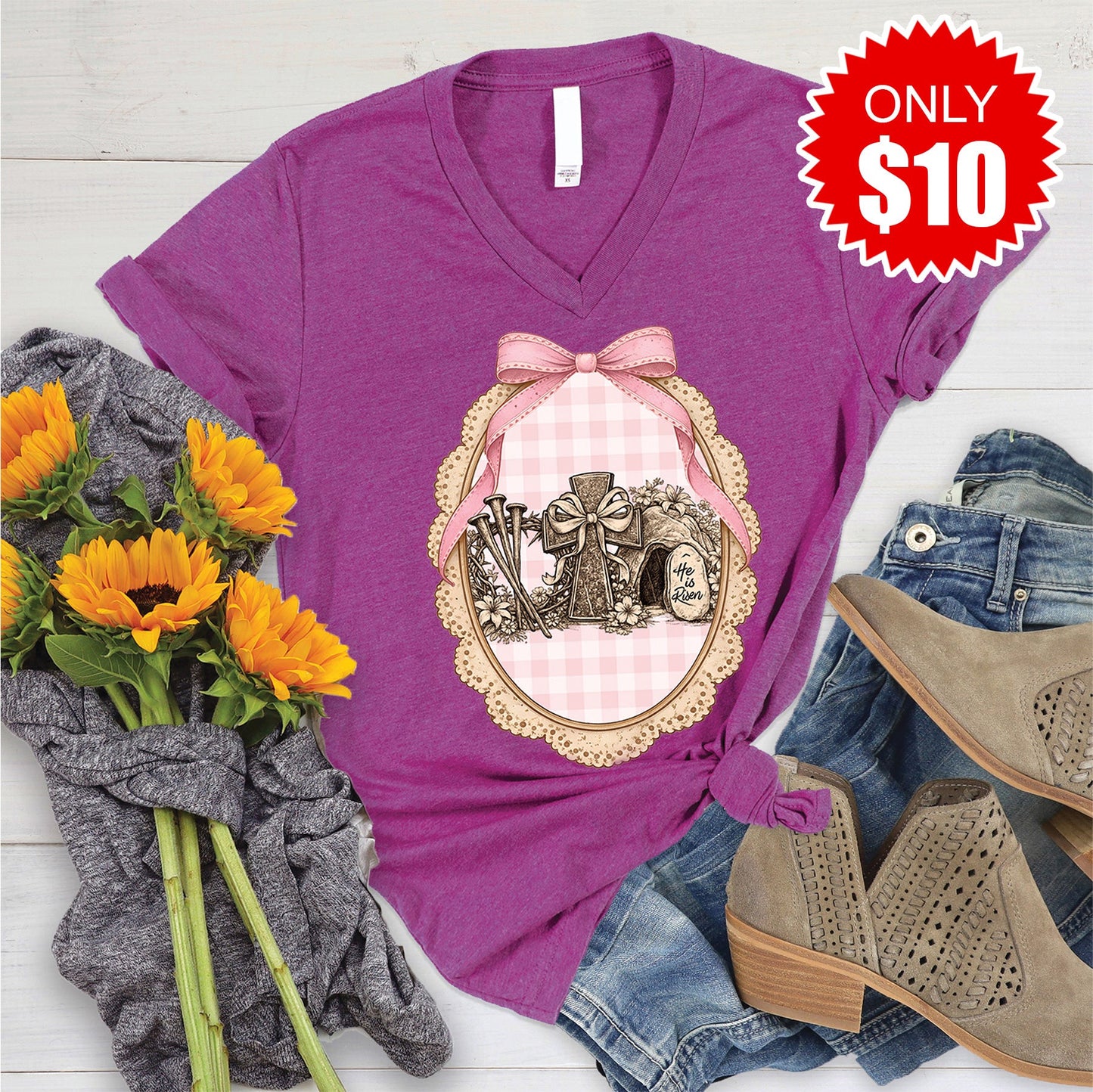 He Is Risen V-Neck - Heather Dragonfruit - 10
