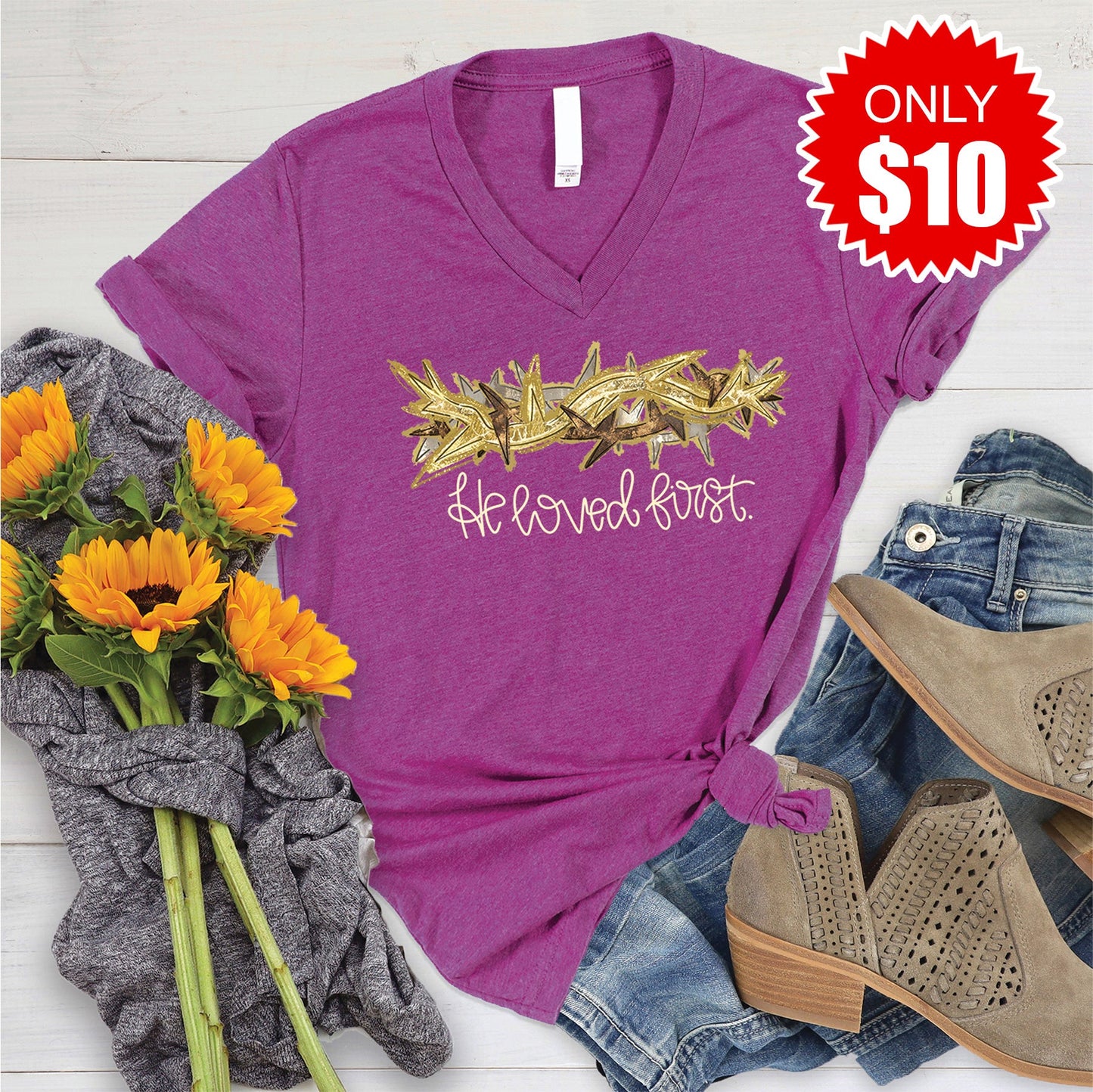 He Loved First V-Neck - Heather Dragonfruit - 10
