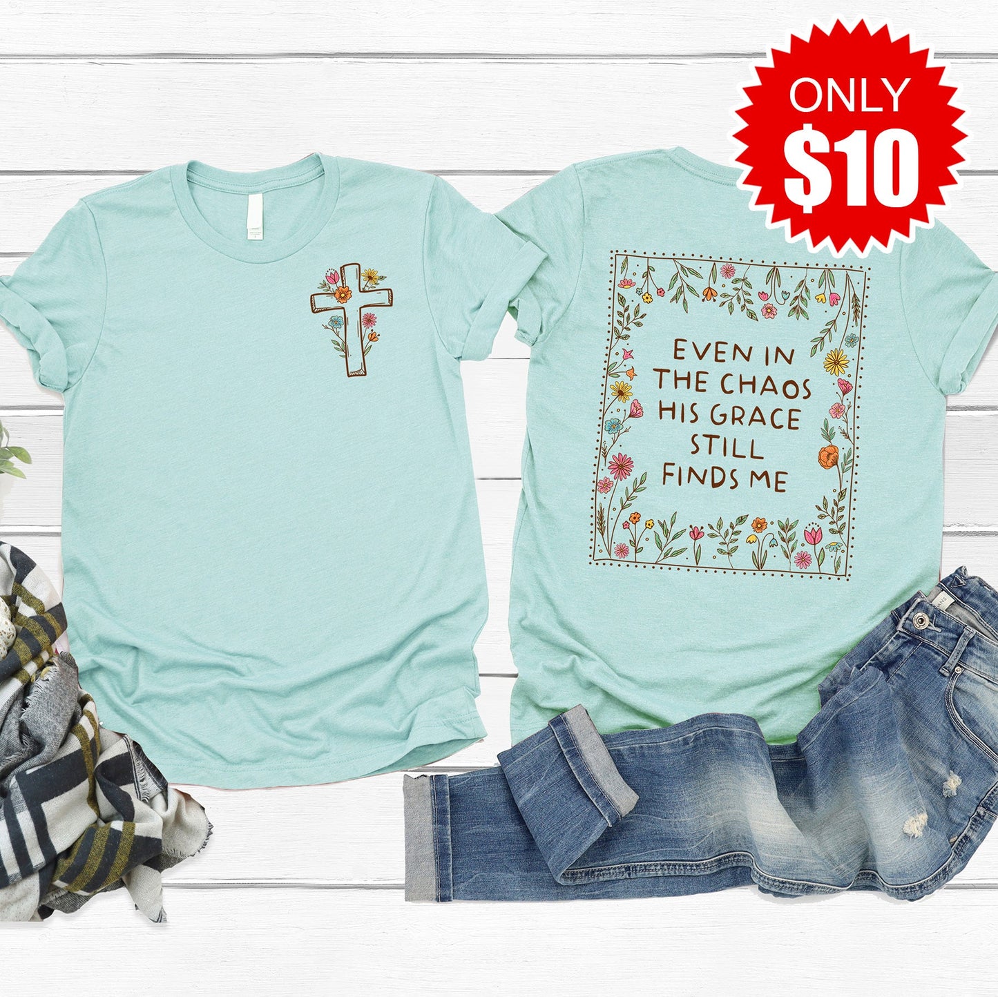 His Grace Tee - Heather Dusty Blue - 10