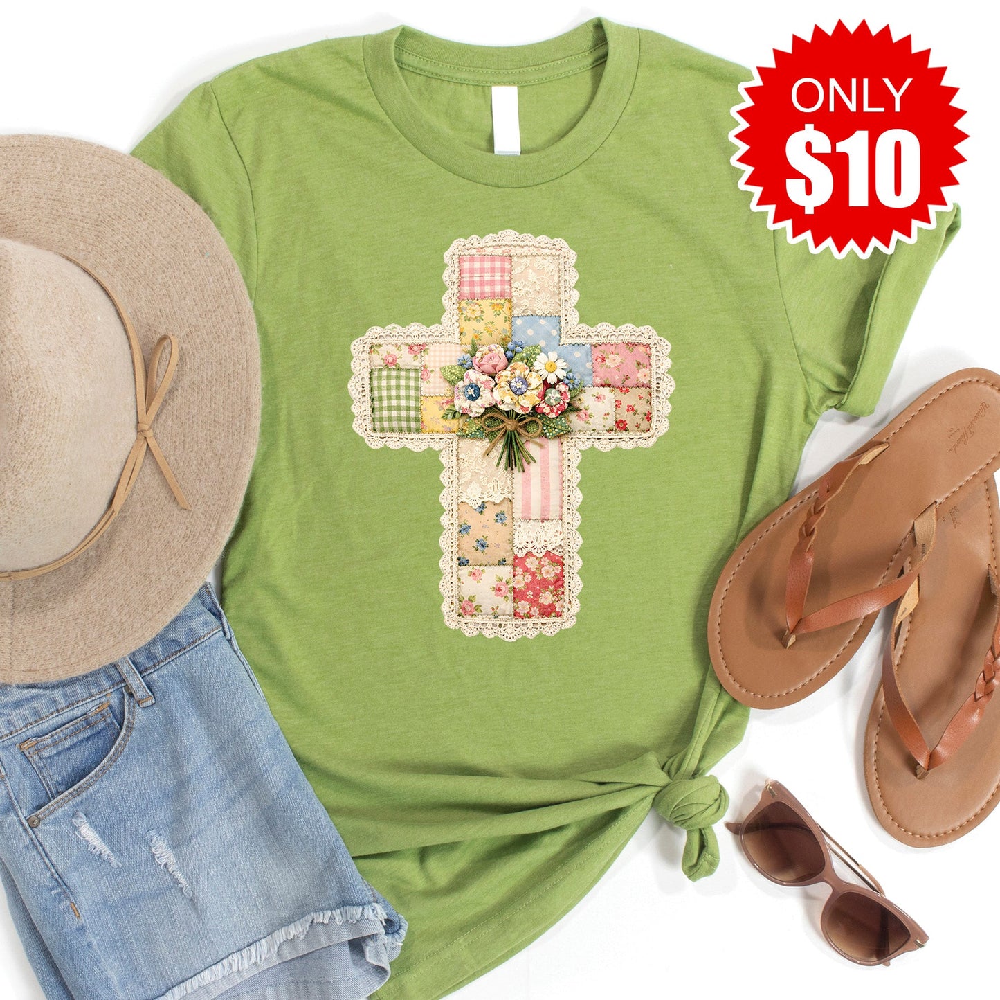 Cross Patchwork Tee - Heather Green - 10