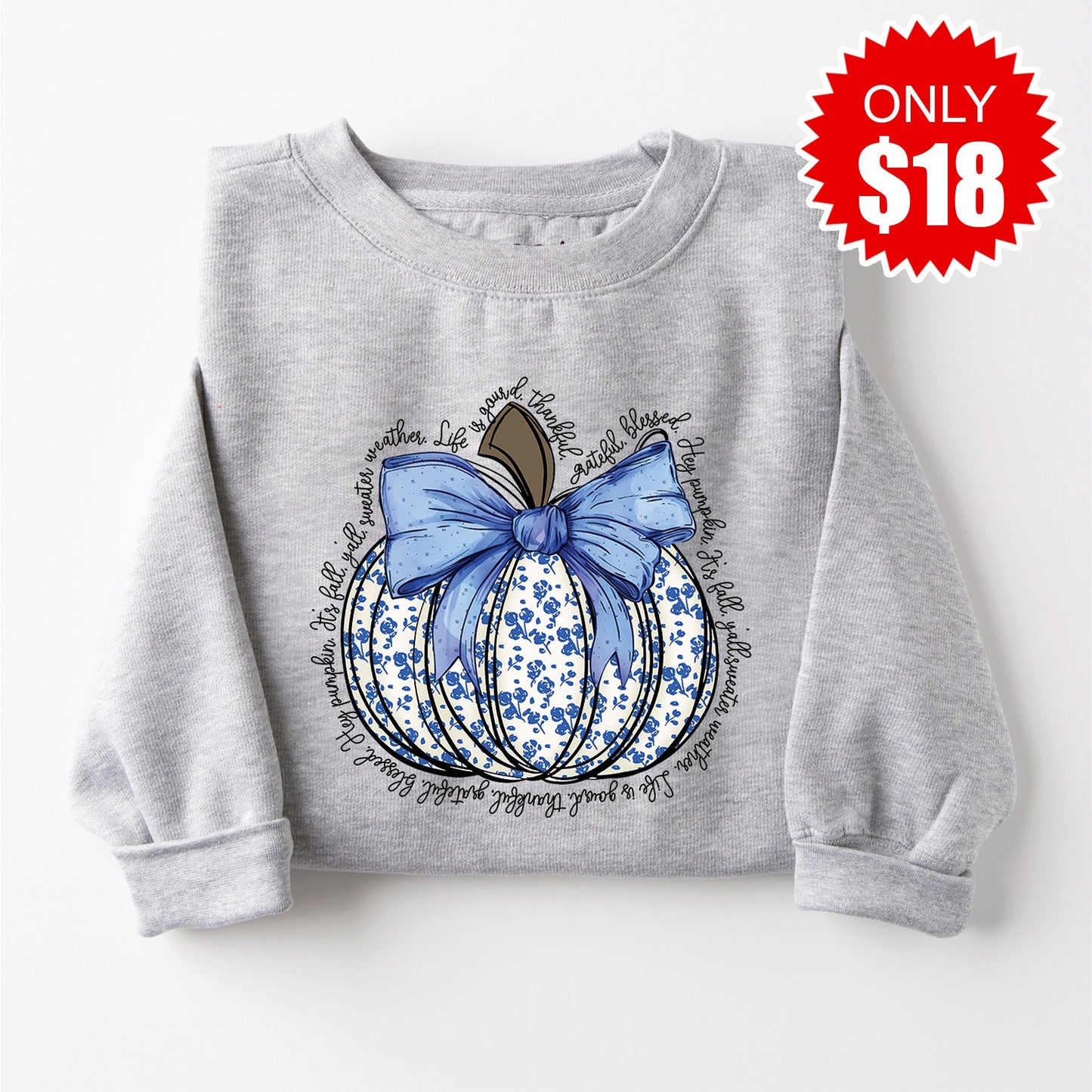 Blue Floral Pumpkin Sweatshirt - Heather Grey - 18