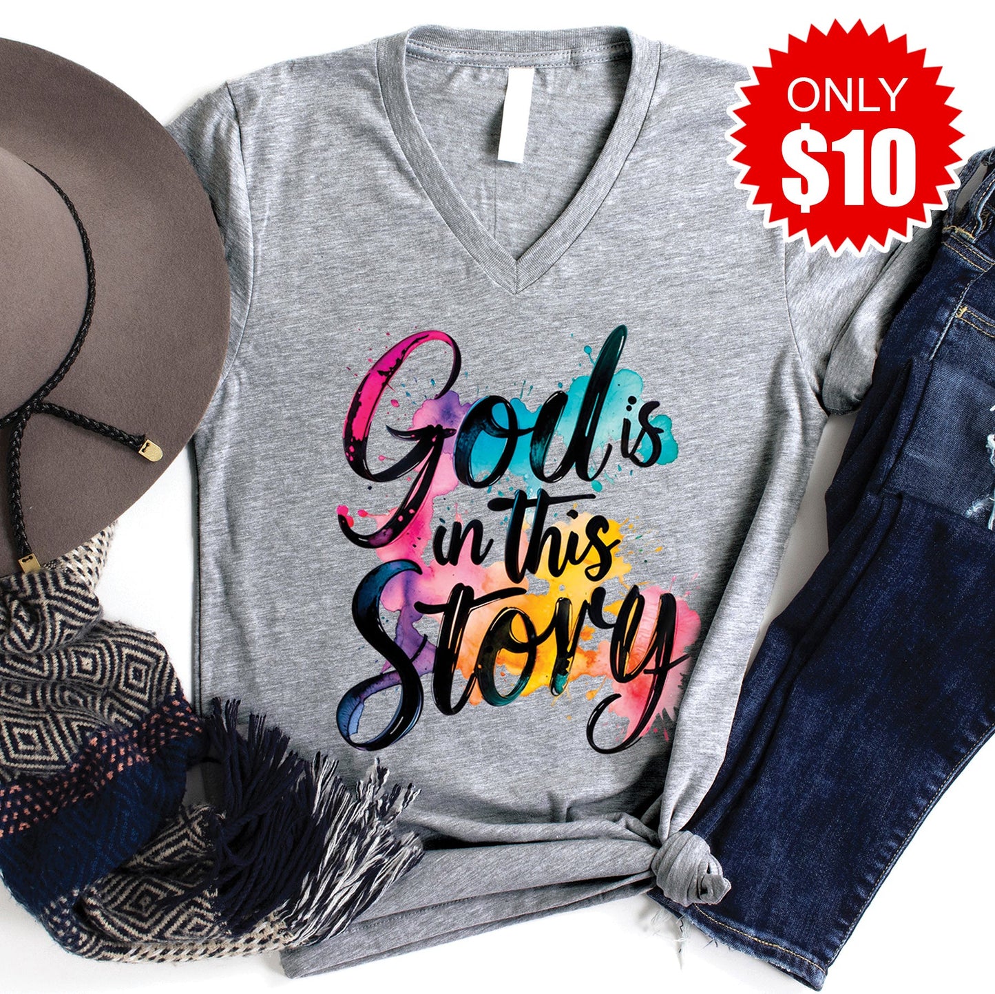 God is in this Story V-Neck - Heather Grey - 10