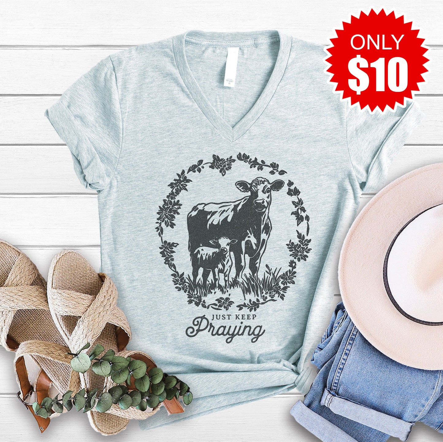 Just Keep Praying V-Neck - Heather Prism Ice Blue - 10